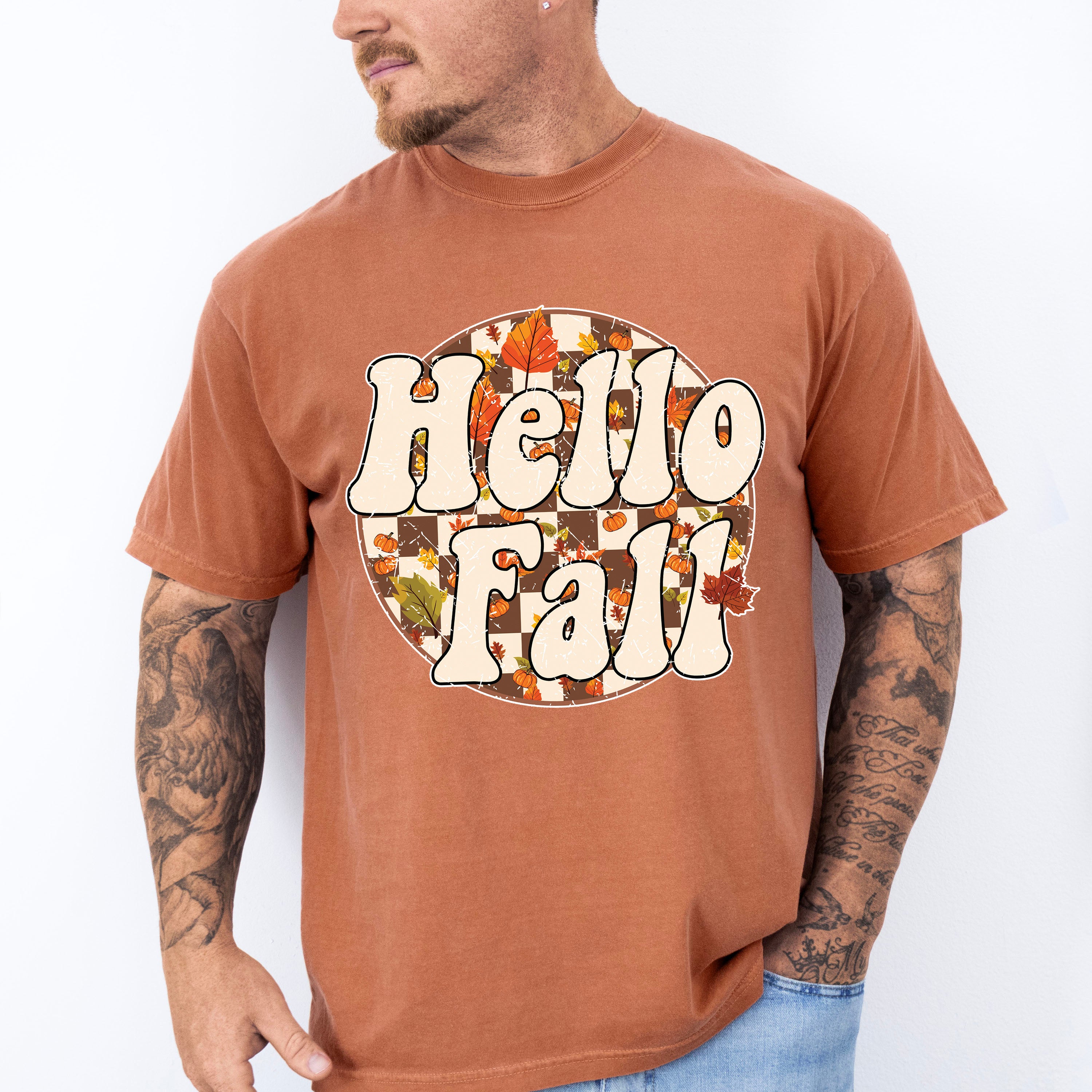 Hello Fall Circular Checkered Design - Fall Unisex Crewneck T-Shirt Sweatshirt Hoodie