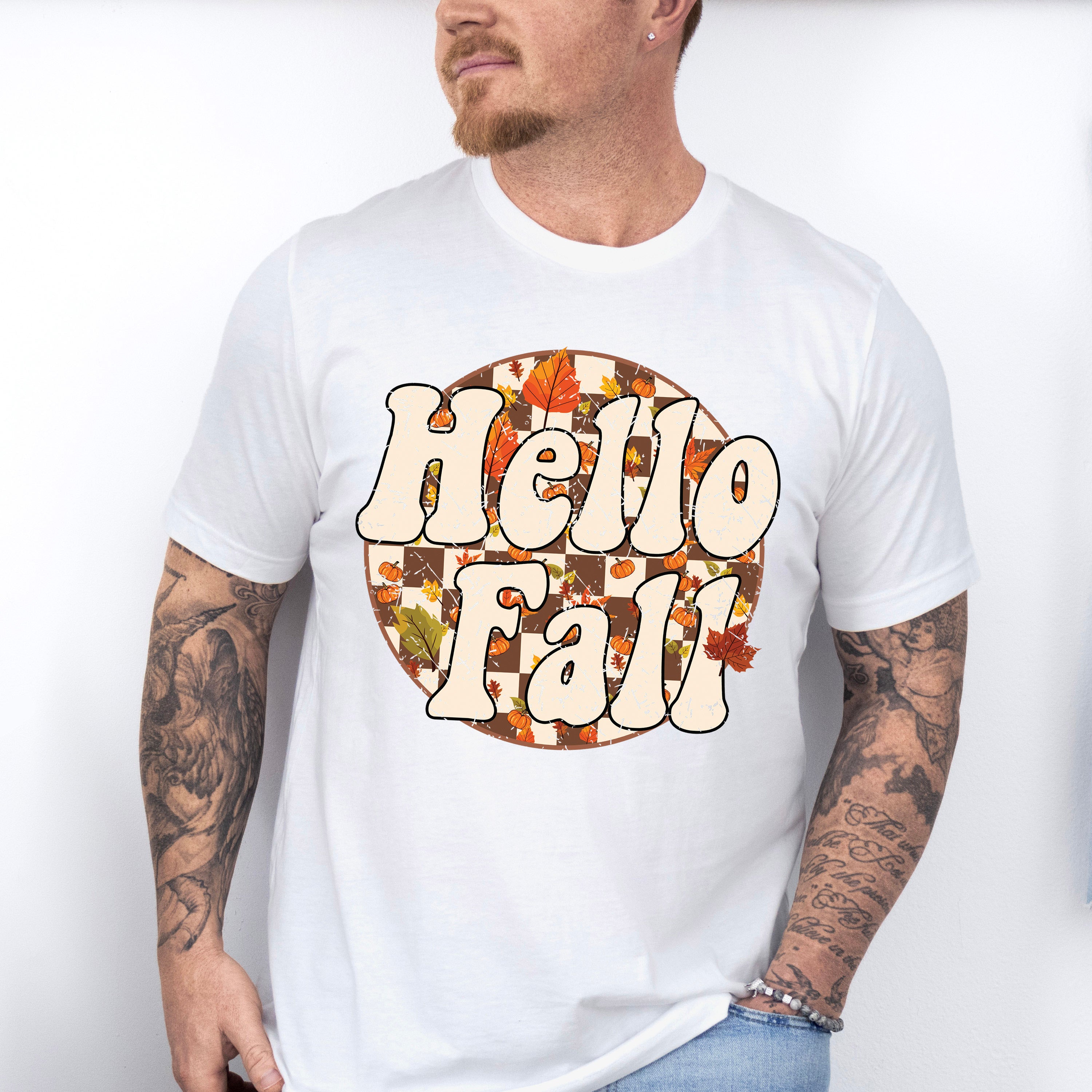 Hello Fall Circular Checkered Design - Fall Unisex Crewneck T-Shirt Sweatshirt Hoodie