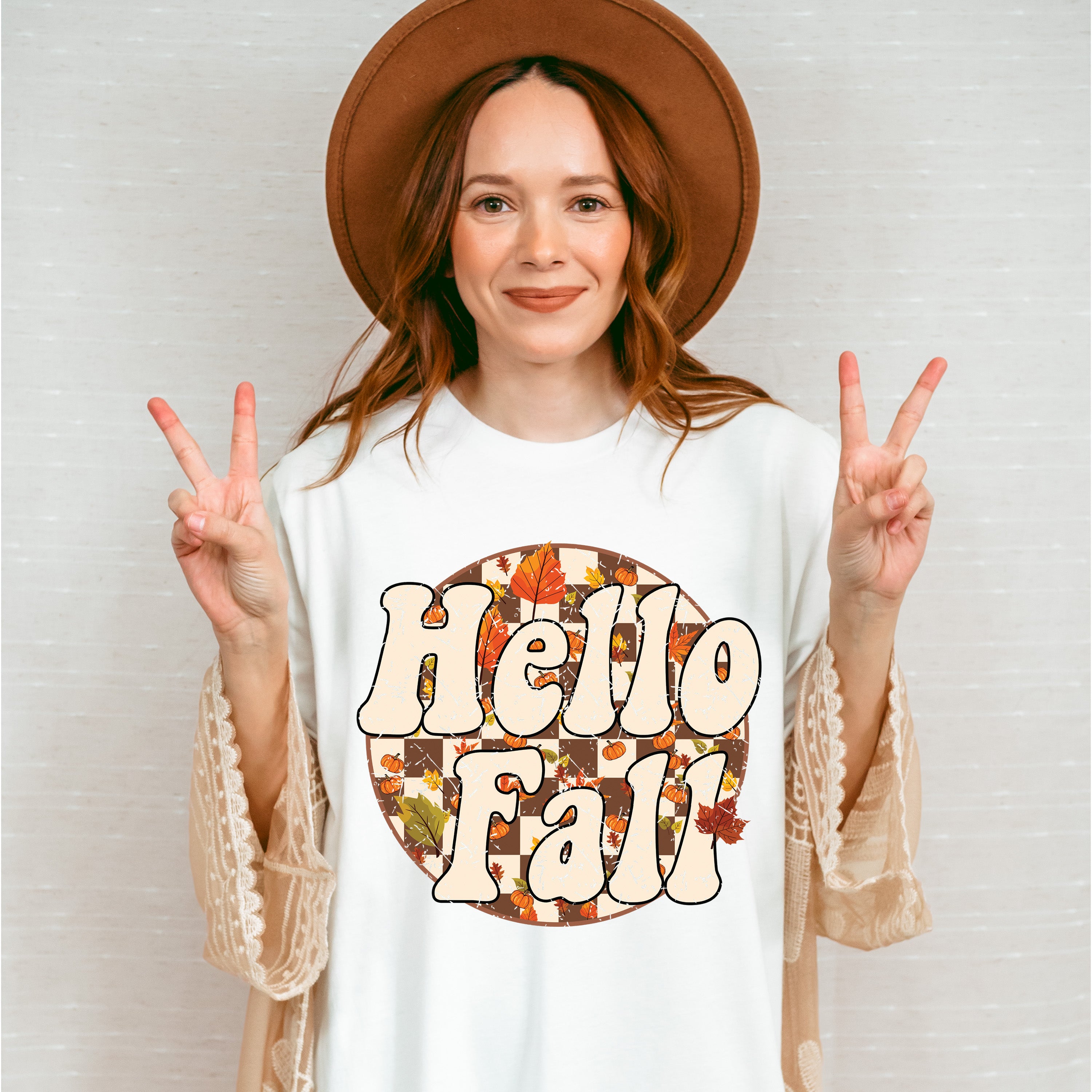 Hello Fall Circular Checkered Design - Fall Unisex Crewneck T-Shirt Sweatshirt Hoodie