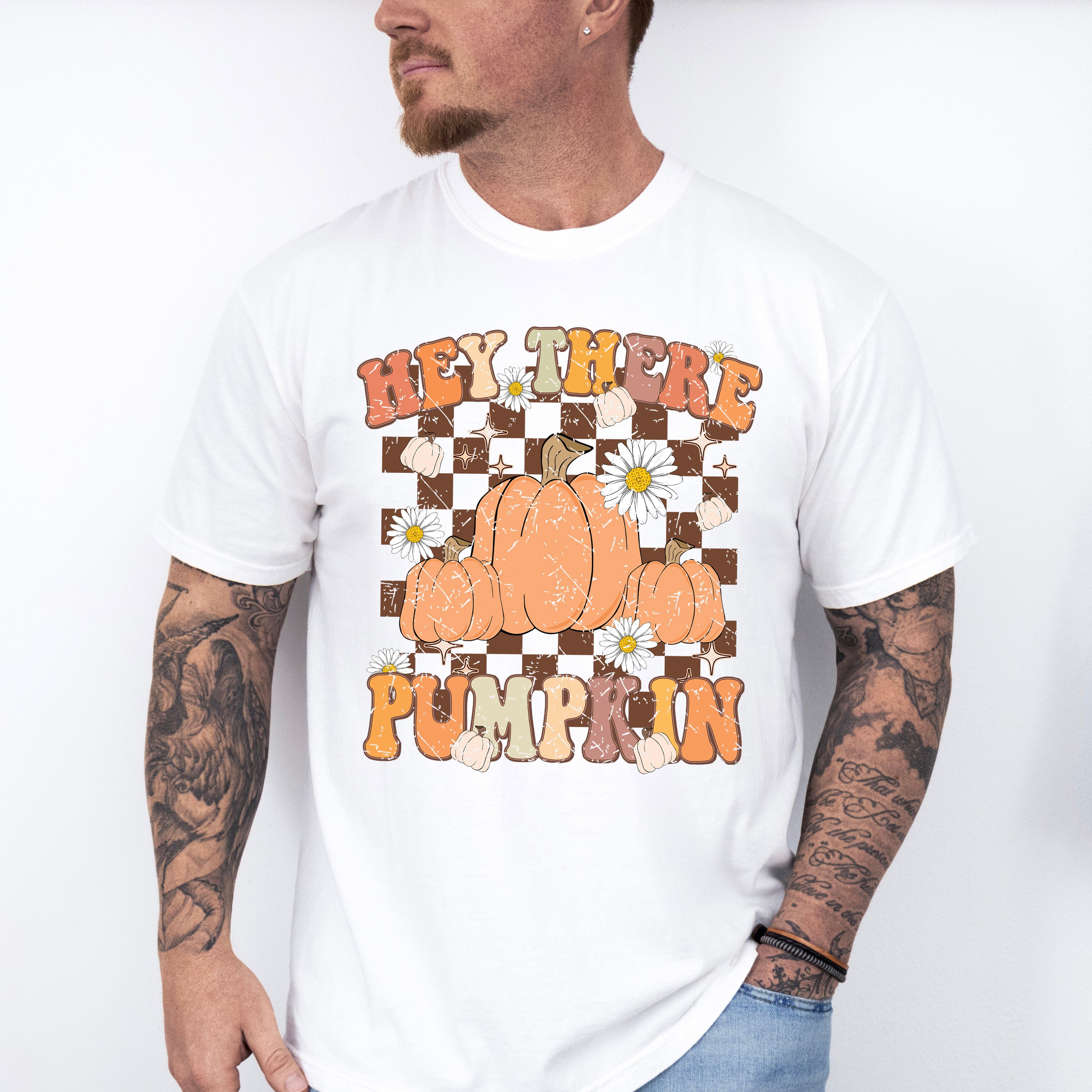 Hey There Pumpkin Checkered Design - Fall Unisex Crewneck T-Shirt Sweatshirt Hoodie