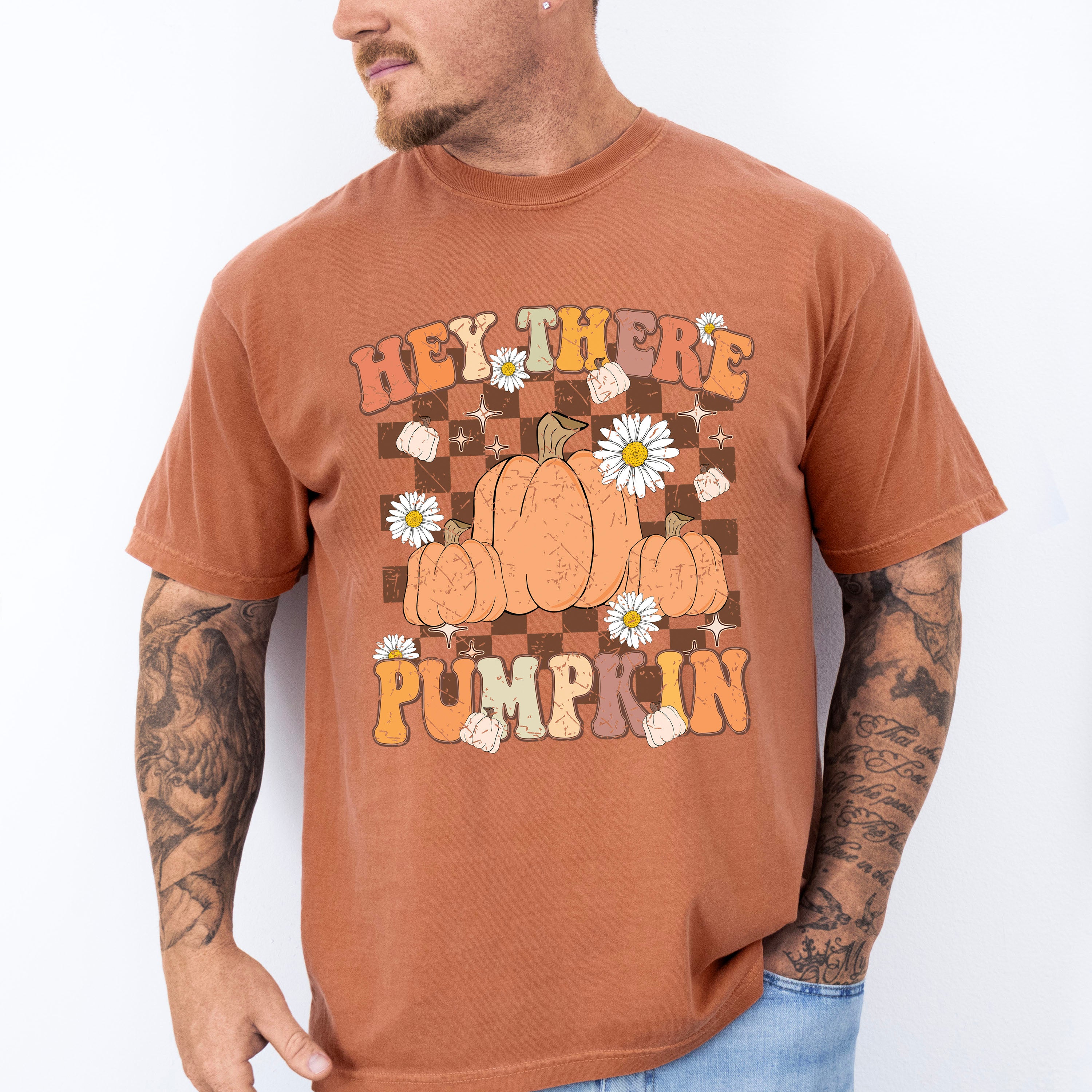 Hey There Pumpkin Checkered Design - Fall Unisex Crewneck T-Shirt Sweatshirt Hoodie