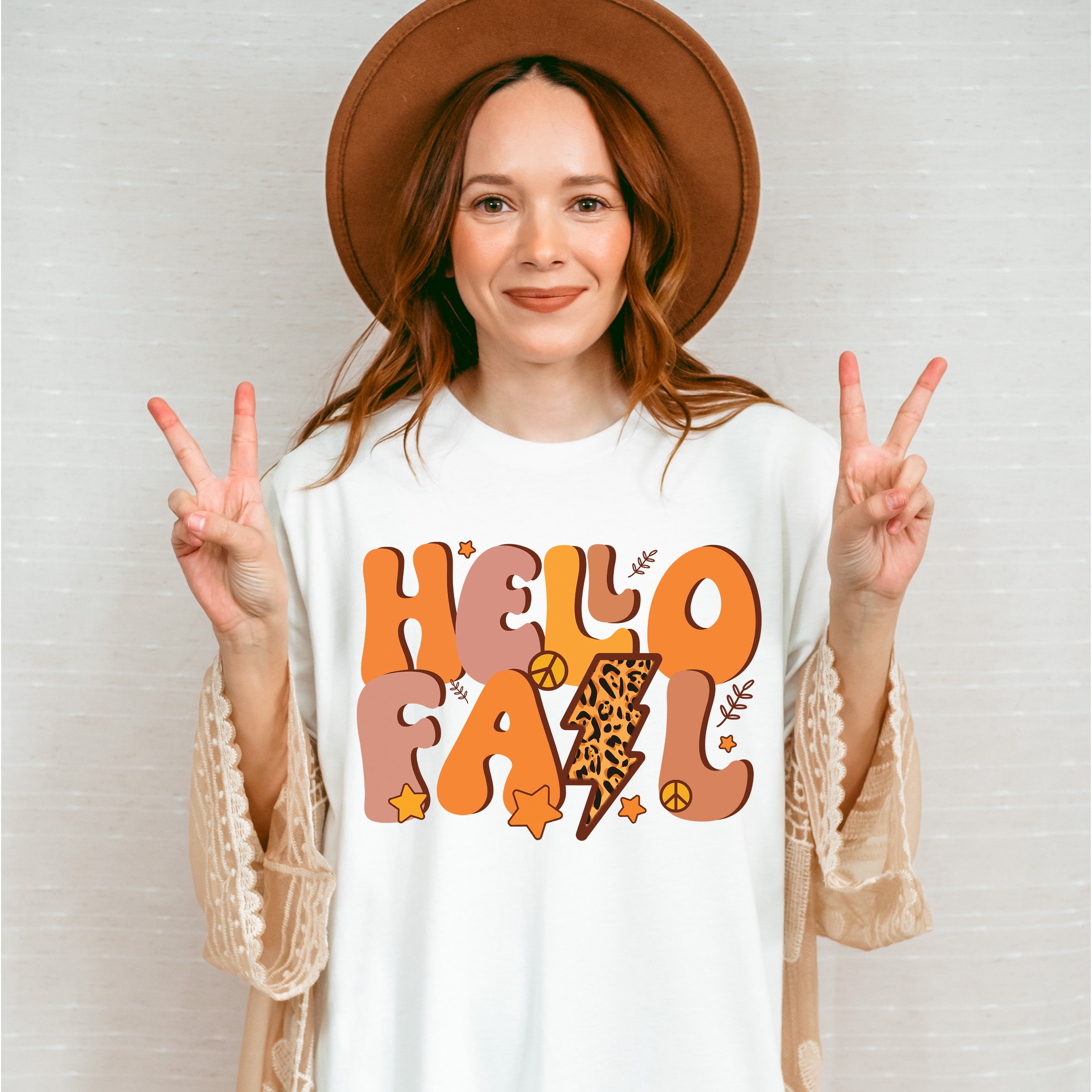 Hello Fall Peace Sign - Fall Unisex Crewneck T-Shirt Sweatshirt Hoodie