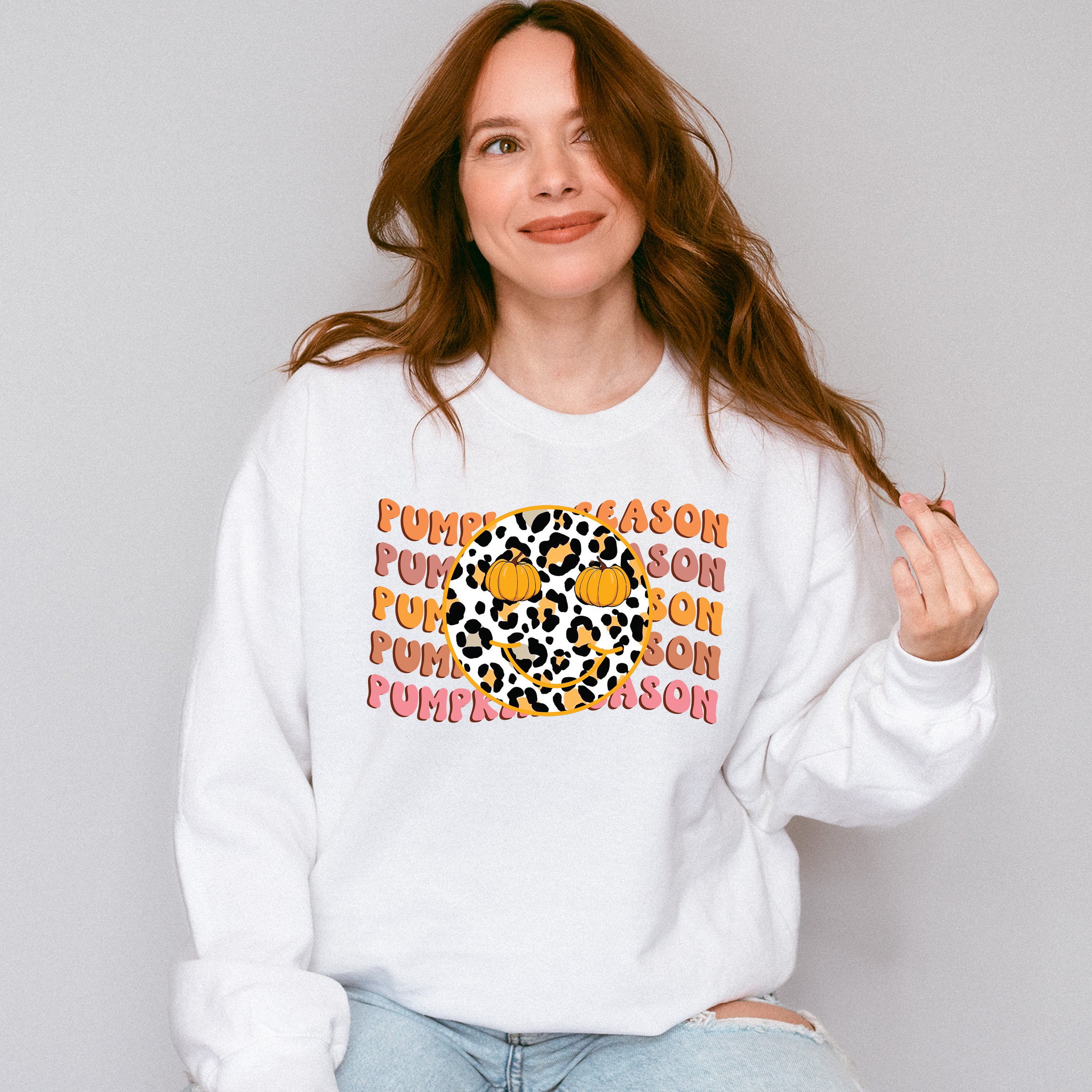 Pumpkin Season Leopard Print Smiley - Fall Unisex Crewneck T-Shirt Sweatshirt Hoodie
