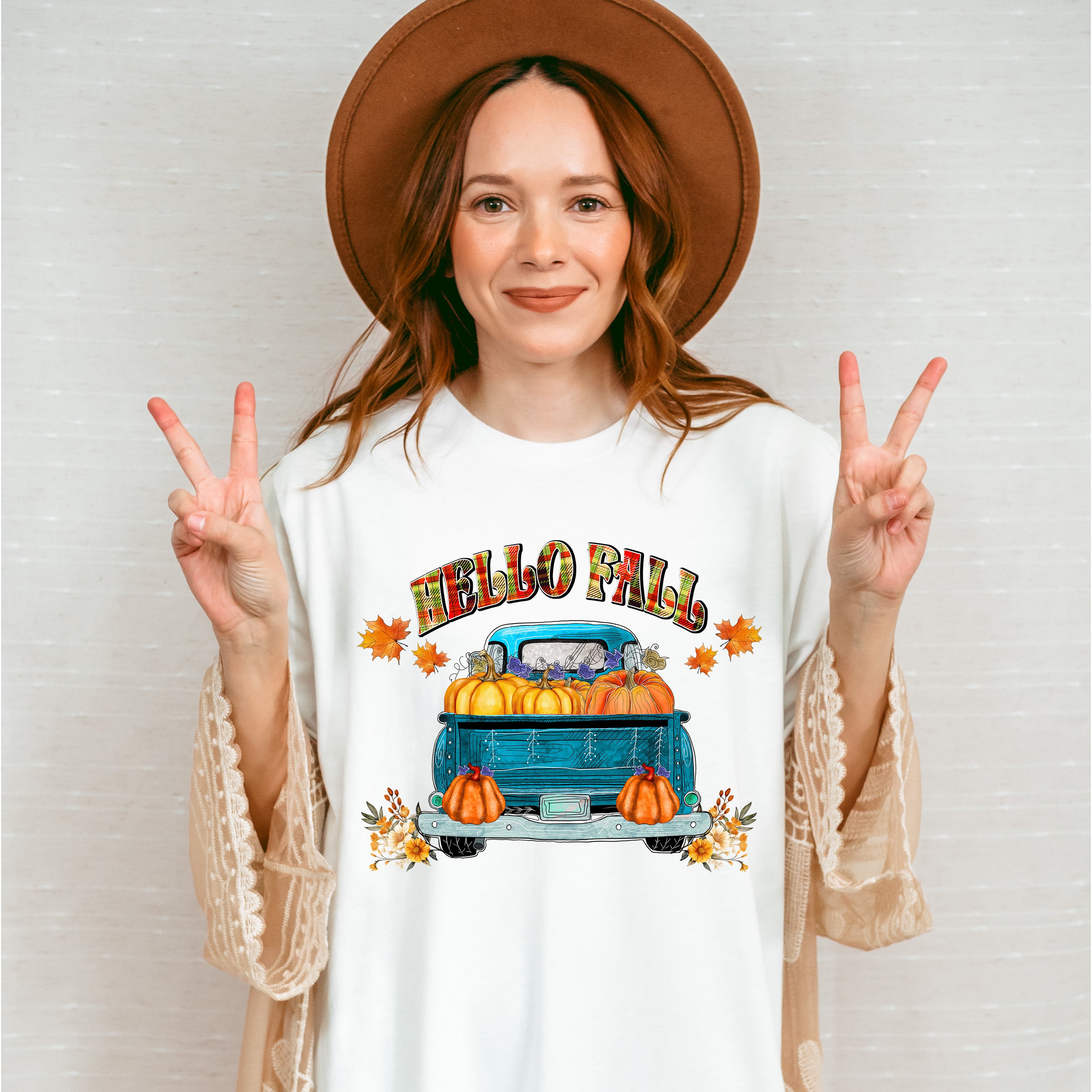 Hello Fall Blue Truck - Fall Unisex Crewneck T-Shirt Sweatshirt Hoodie
