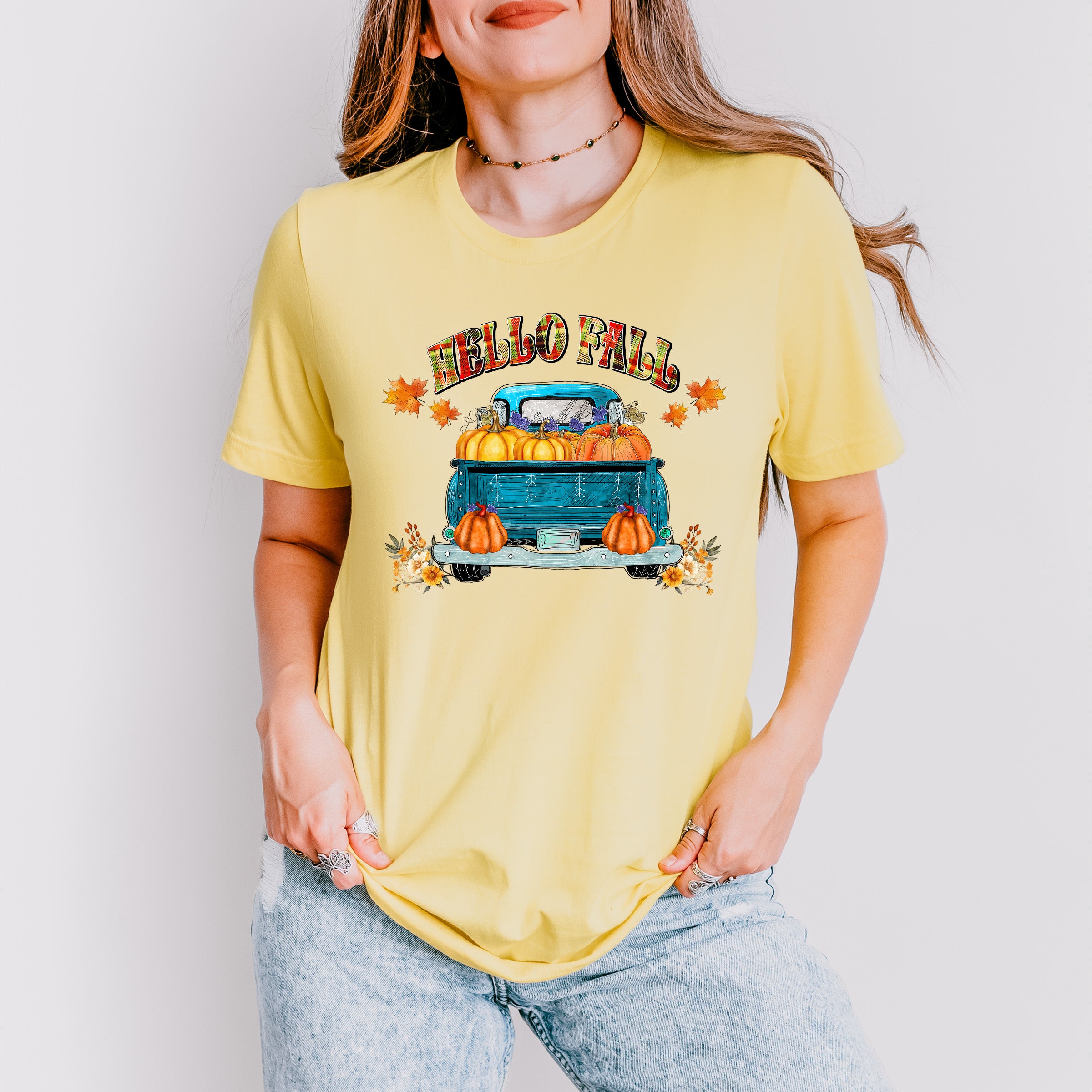 Hello Fall Blue Truck - Fall Unisex Crewneck T-Shirt Sweatshirt Hoodie