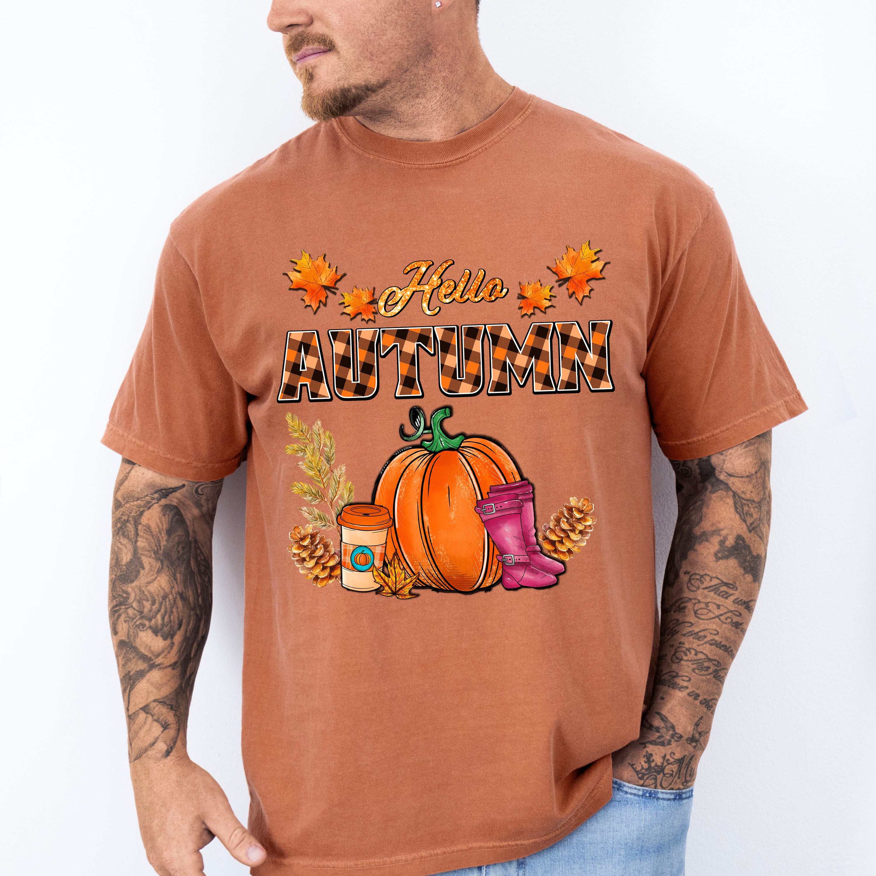 Hello Autumn Pink Boots - Fall Unisex Crewneck T-Shirt Sweatshirt Hoodie