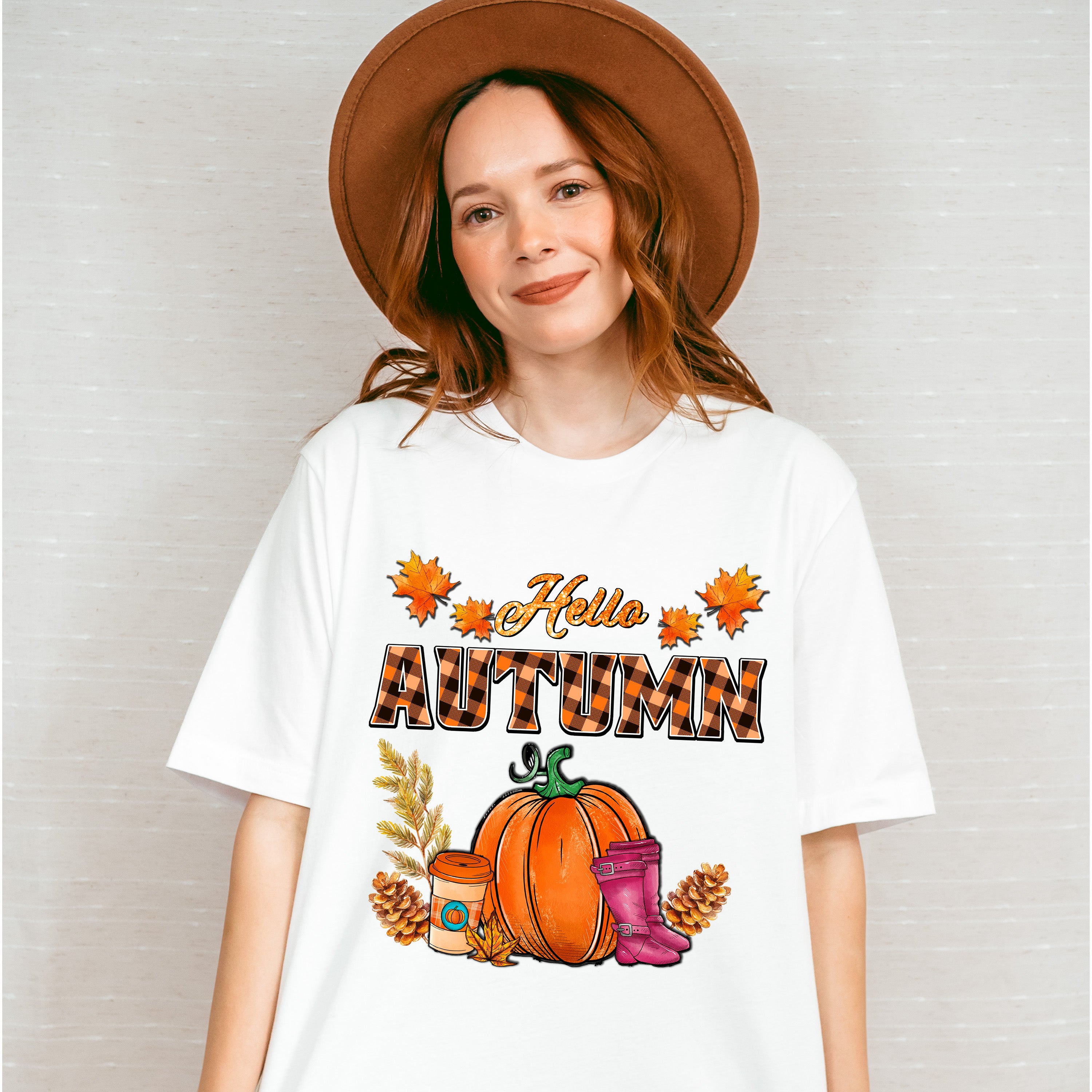 Hello Autumn Pink Boots - Fall Unisex Crewneck T-Shirt Sweatshirt Hoodie