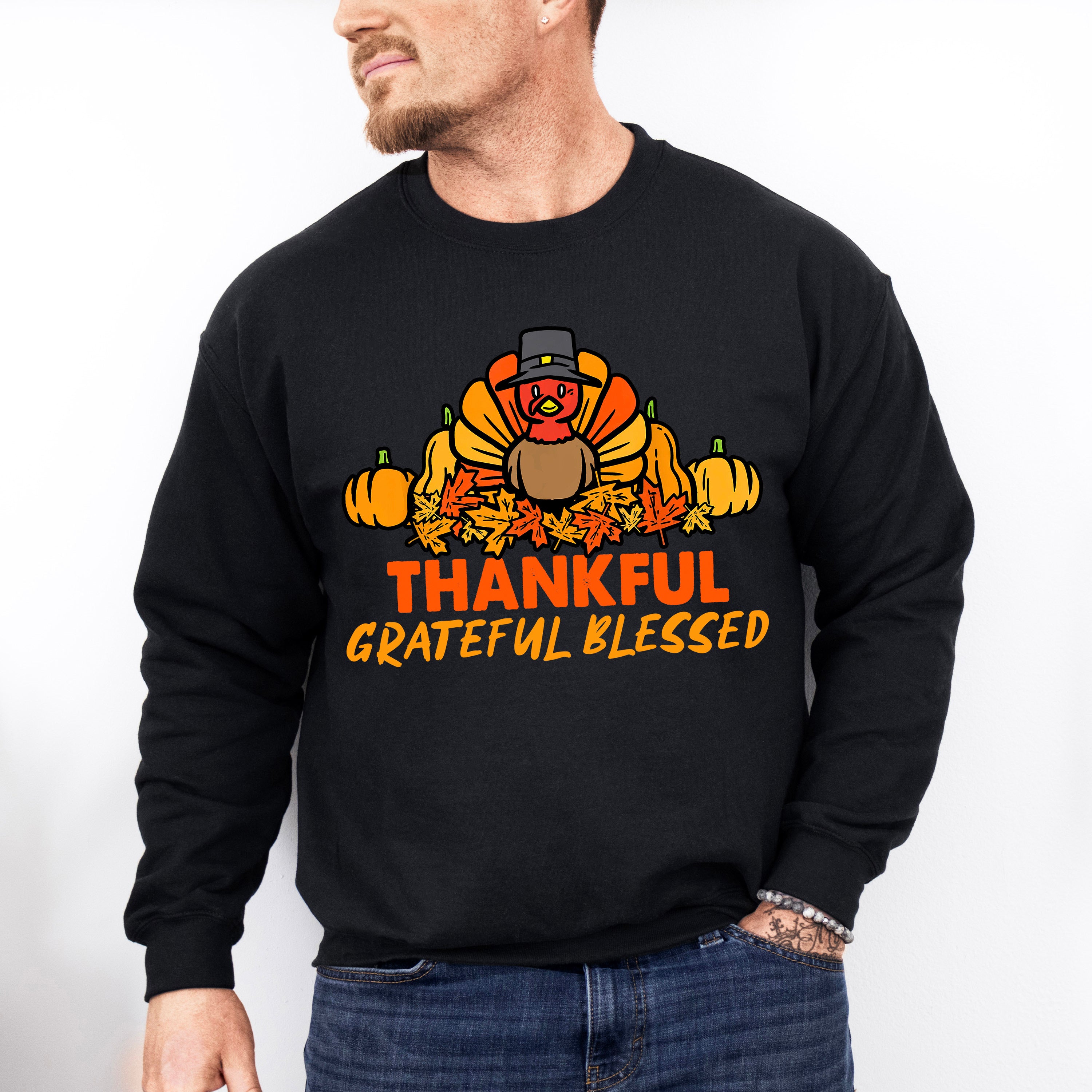 Thankful Grateful Blessed Turkey - Thanksgiving Unisex Crewneck T-Shirt Sweatshirt Hoodie