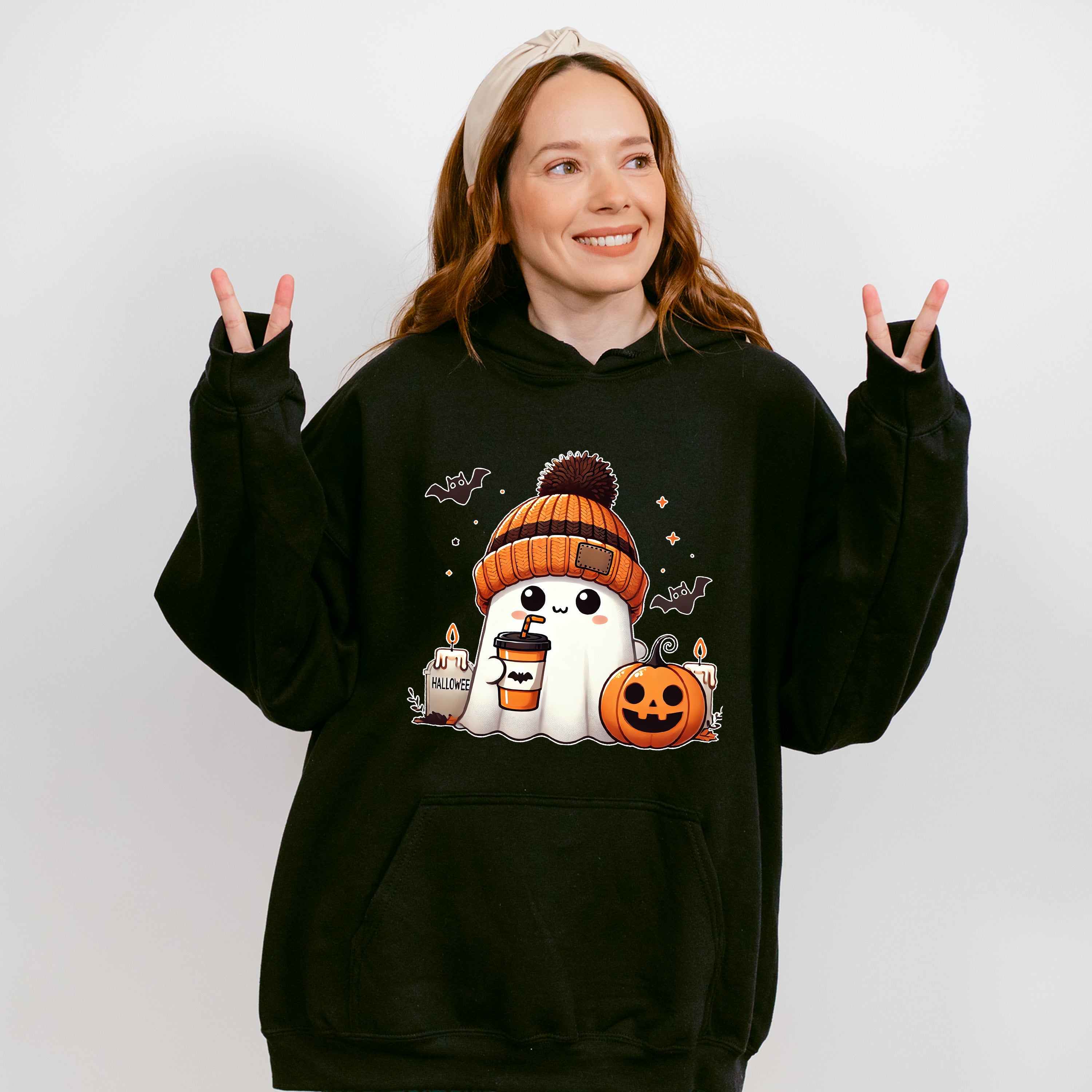Halloween Ghost Wearing Beanie - Halloween Unisex Crewneck T-Shirt Sweatshirt Hoodie