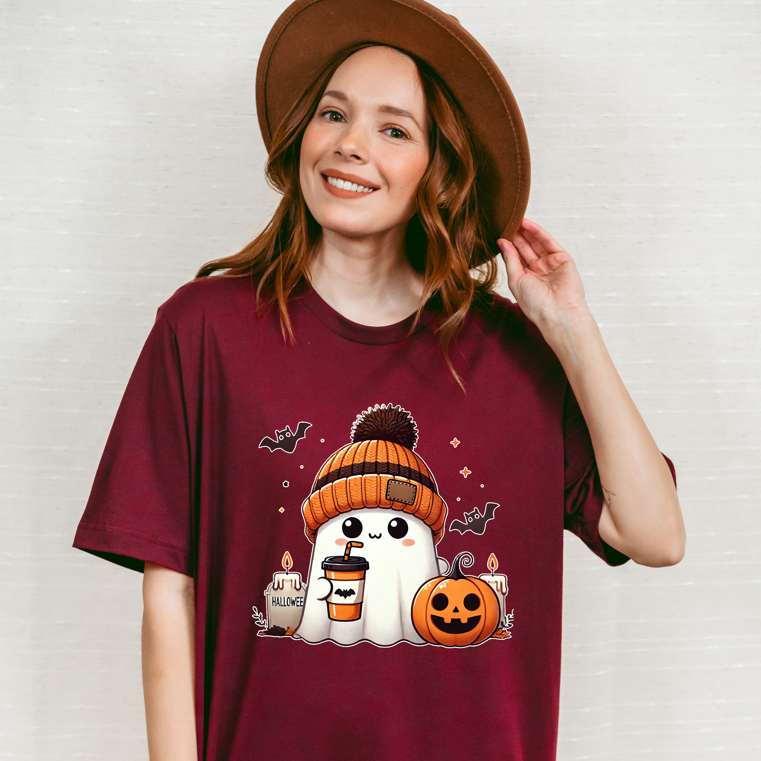 Halloween Ghost Wearing Beanie - Halloween Unisex Crewneck T-Shirt Sweatshirt Hoodie
