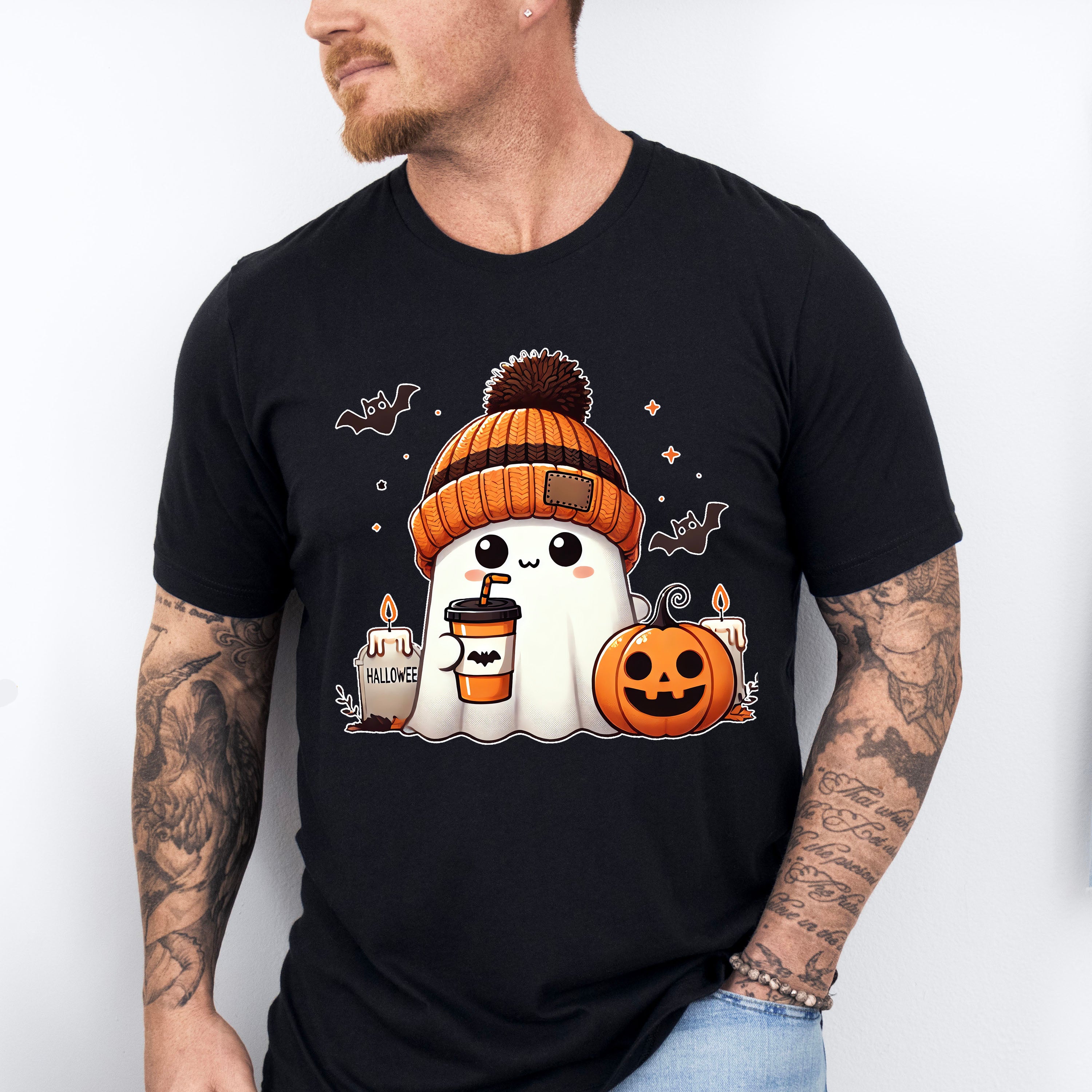 Halloween Ghost Wearing Beanie - Halloween Unisex Crewneck T-Shirt Sweatshirt Hoodie