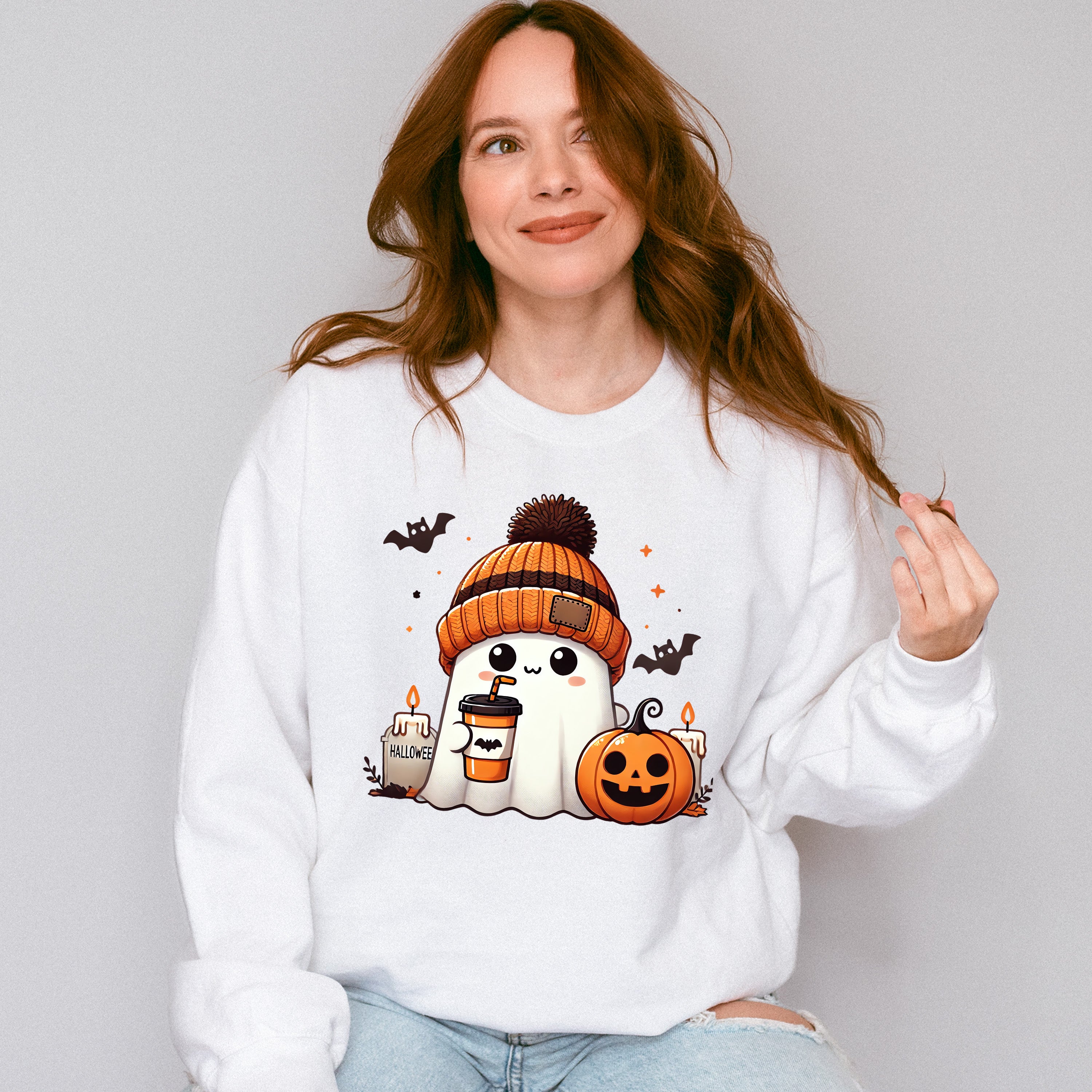 Halloween Ghost Wearing Beanie - Halloween Unisex Crewneck T-Shirt Sweatshirt Hoodie