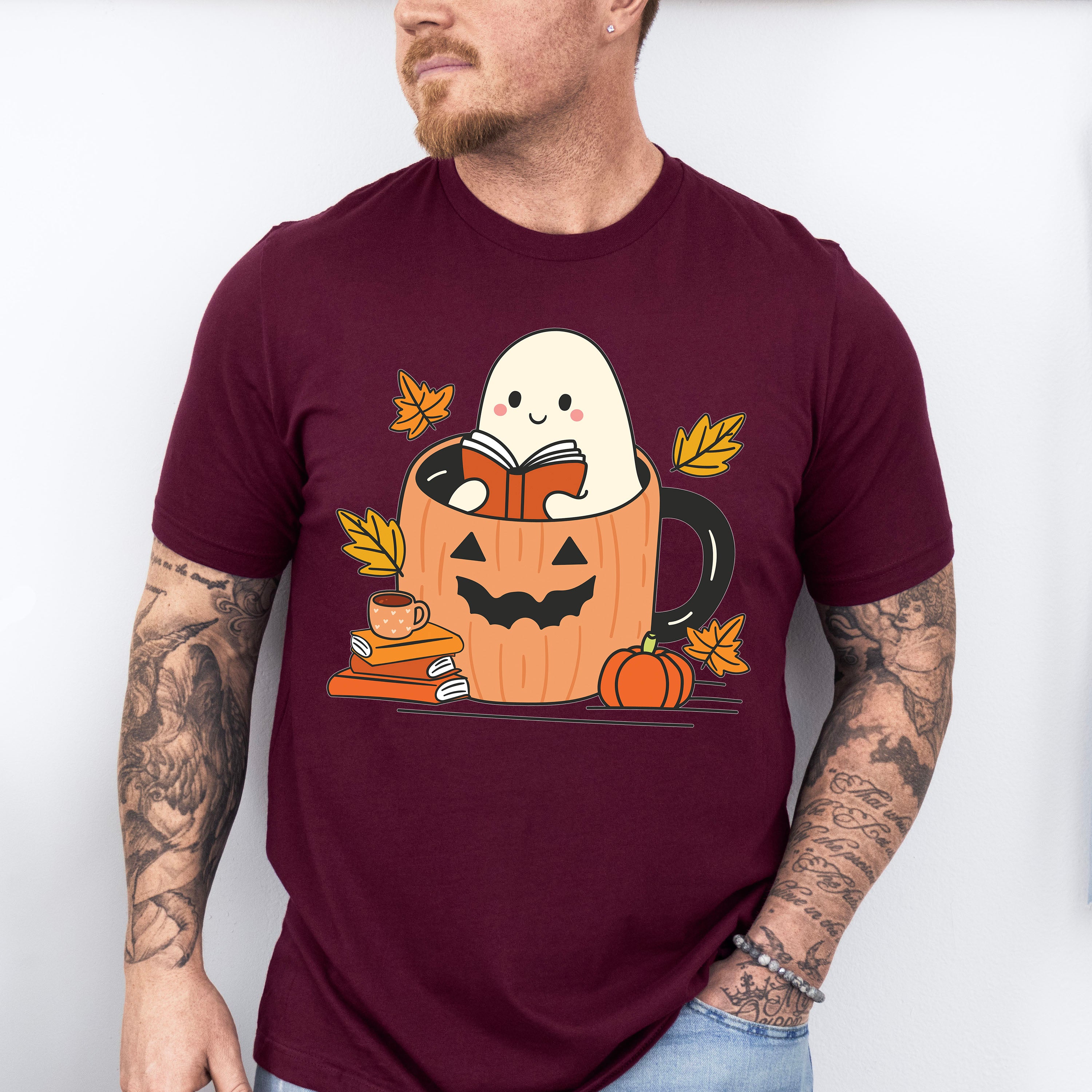 Ghost Reading Book In Mug - Halloween Unisex Crewneck T-Shirt Sweatshirt Hoodie
