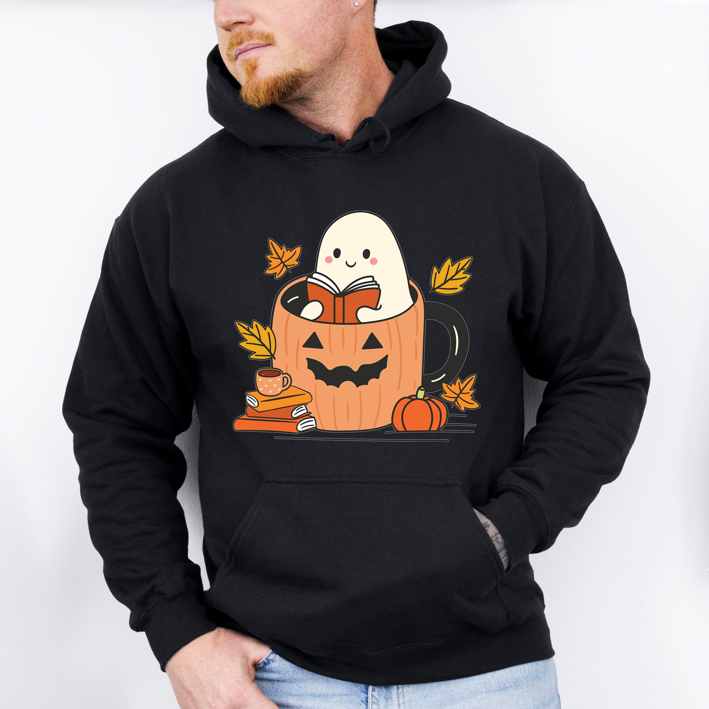 Ghost Reading Book In Mug - Halloween Unisex Crewneck T-Shirt Sweatshirt Hoodie