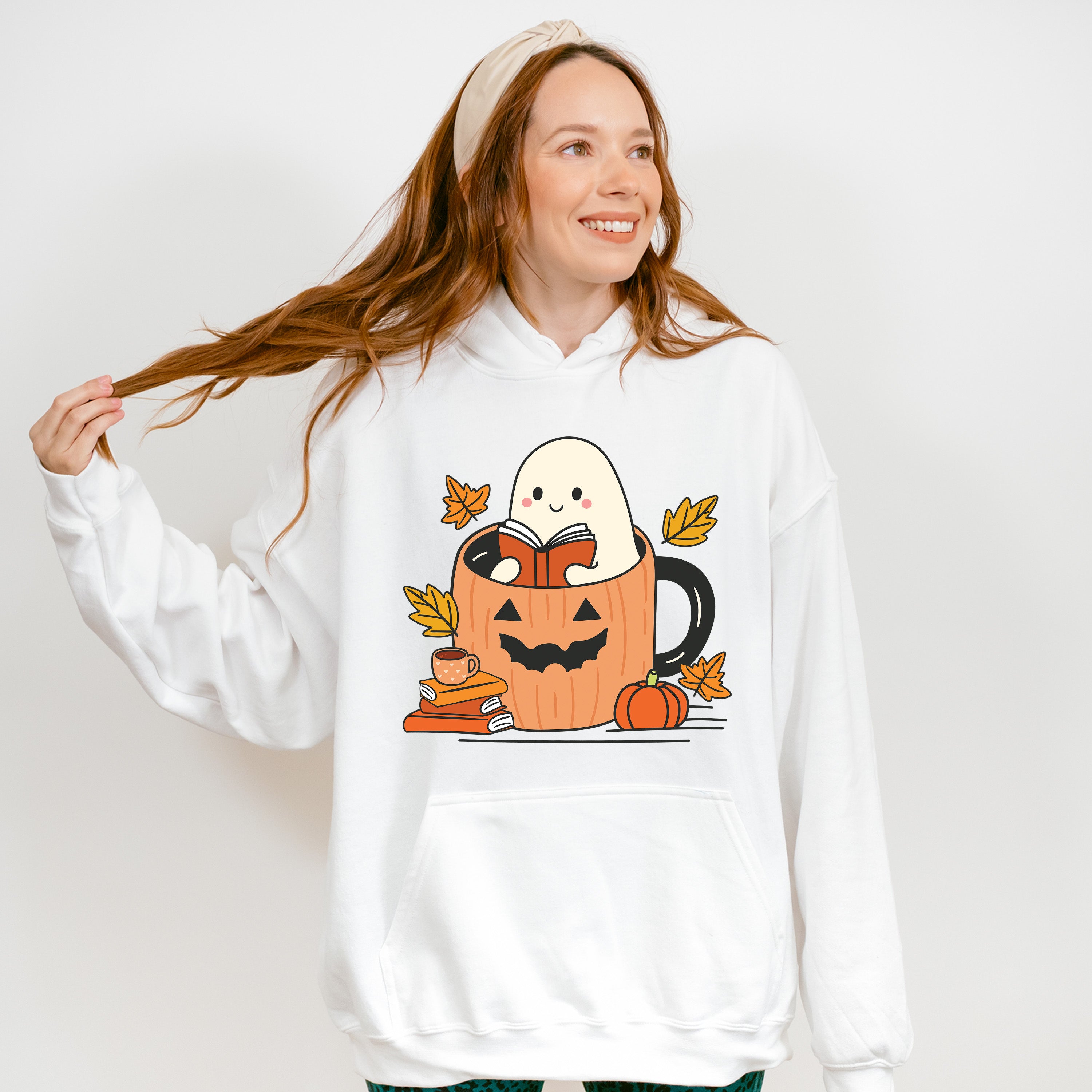 Ghost Reading Book In Mug - Halloween Unisex Crewneck T-Shirt Sweatshirt Hoodie
