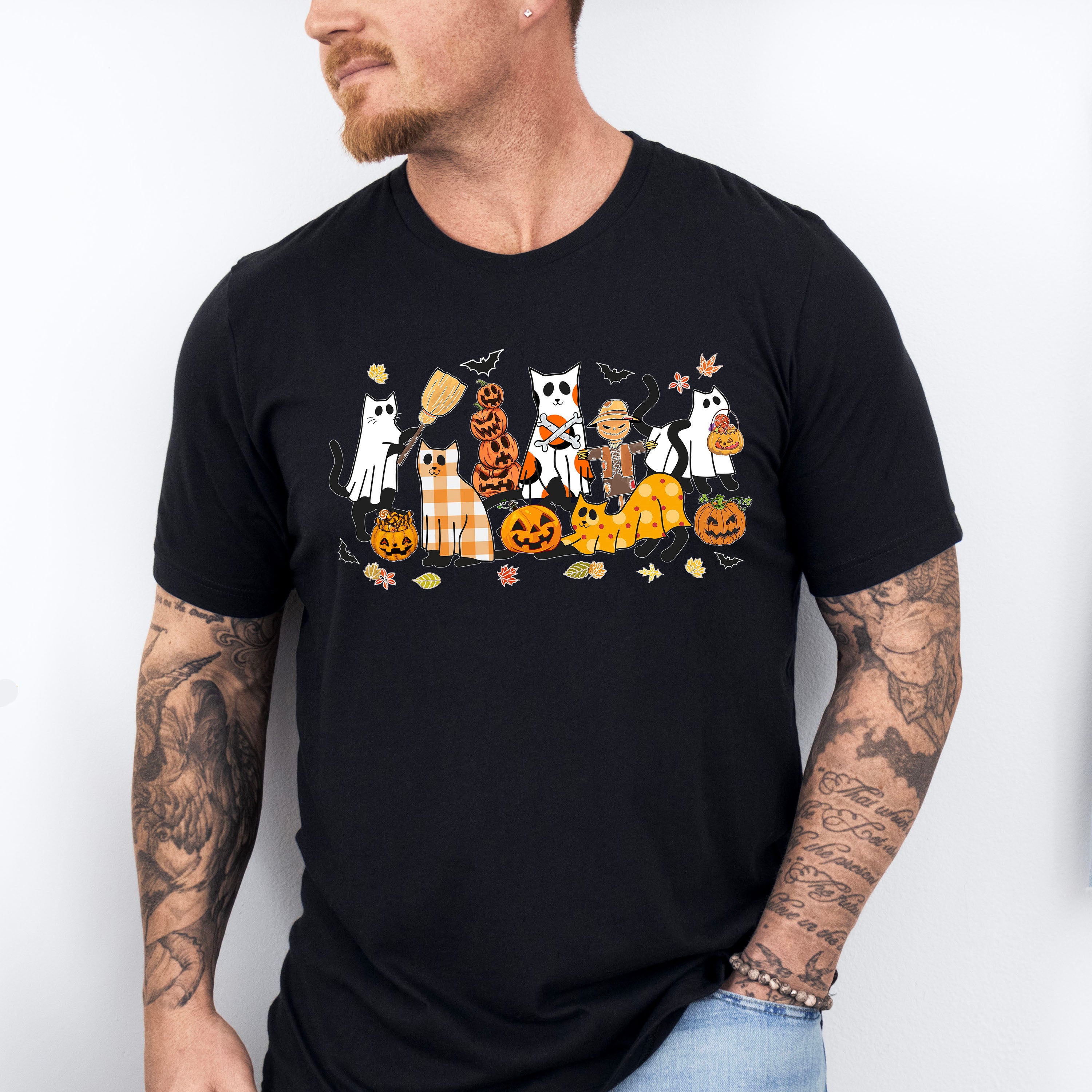 Ghost Cats With Pumpkins - Halloween Unisex Crewneck T-Shirt Sweatshirt Hoodie