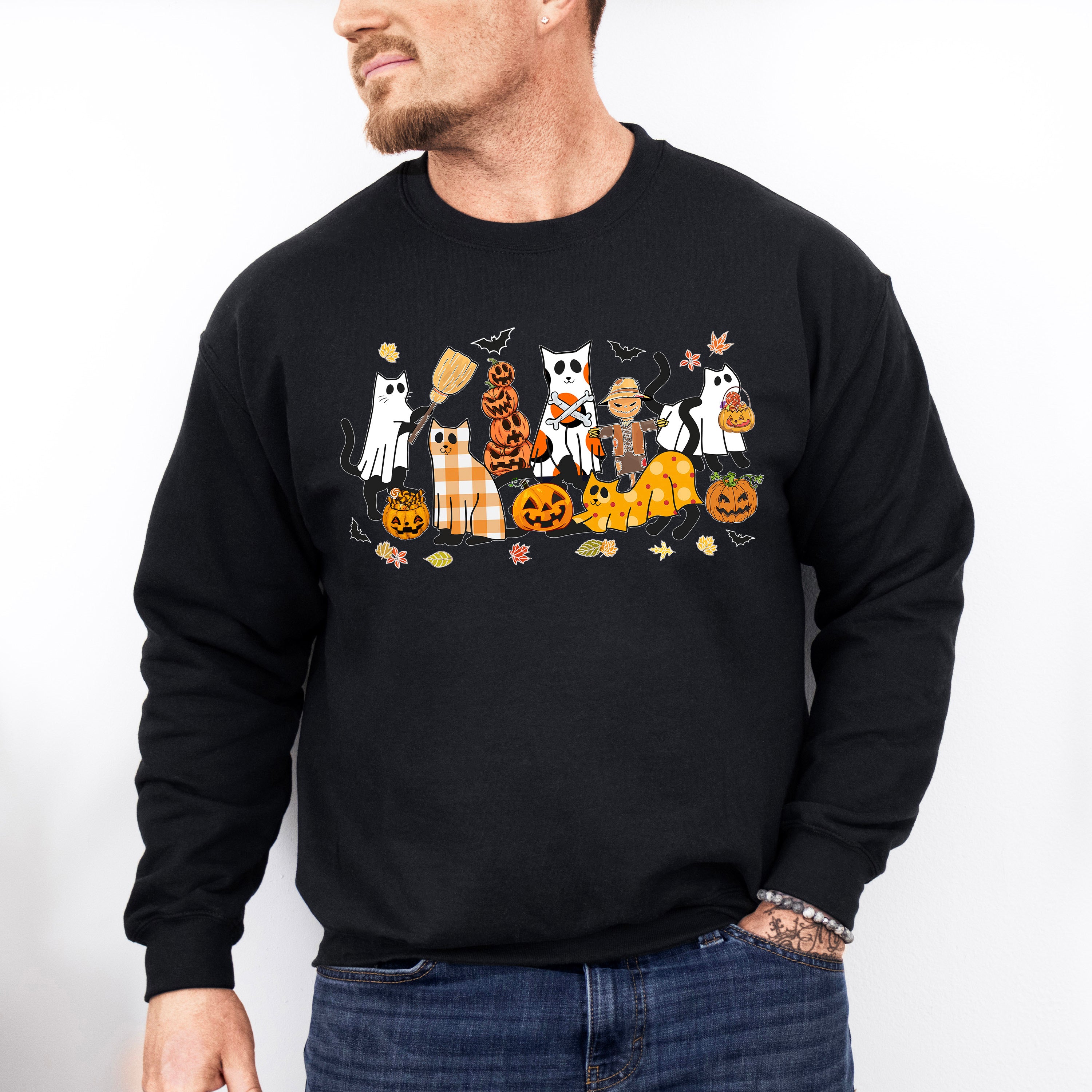 Ghost Cats With Pumpkins - Halloween Unisex Crewneck T-Shirt Sweatshirt Hoodie