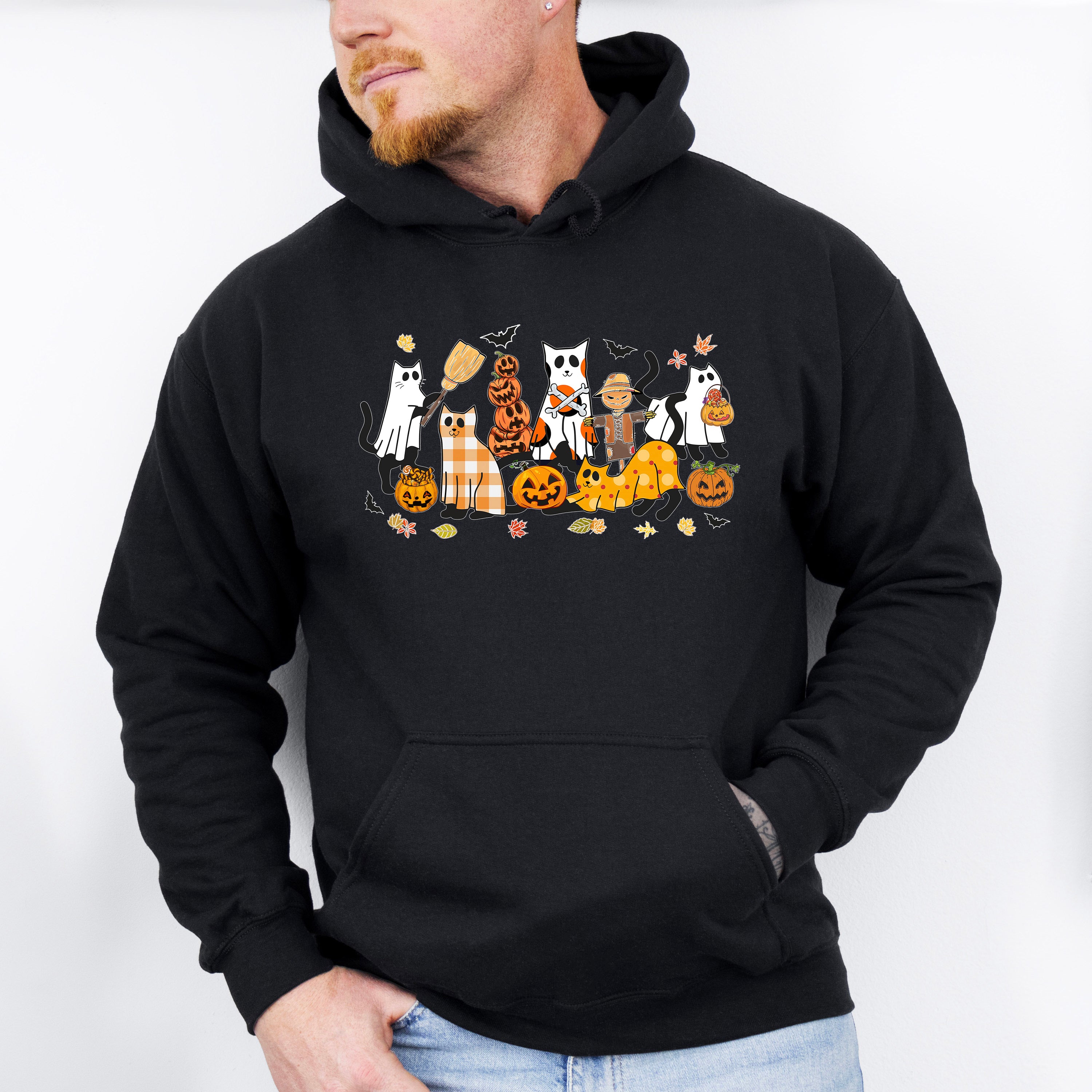Ghost Cats With Pumpkins - Halloween Unisex Crewneck T-Shirt Sweatshirt Hoodie