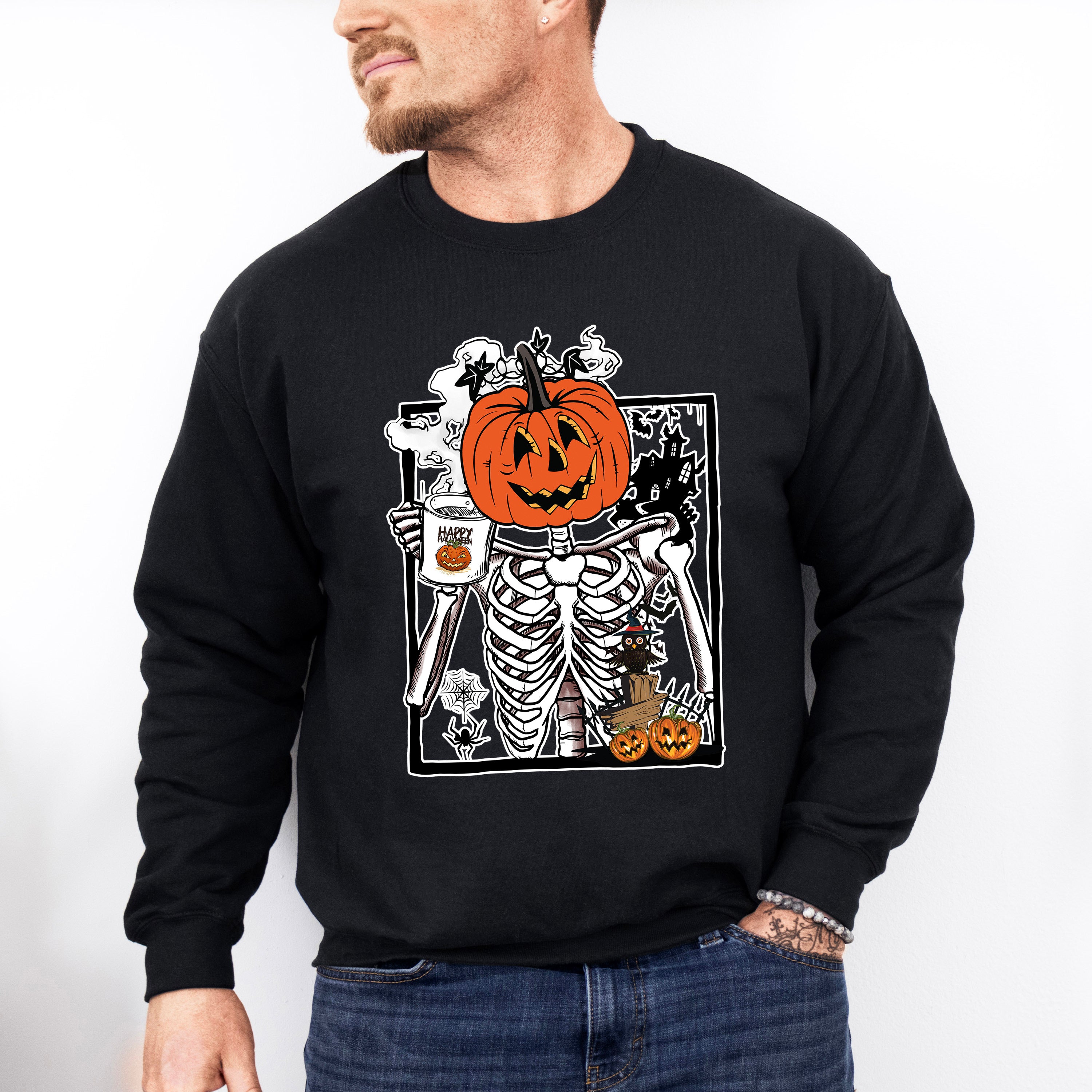 Pumpkin Head Skeleton - Halloween Unisex Crewneck T-Shirt Sweatshirt Hoodie