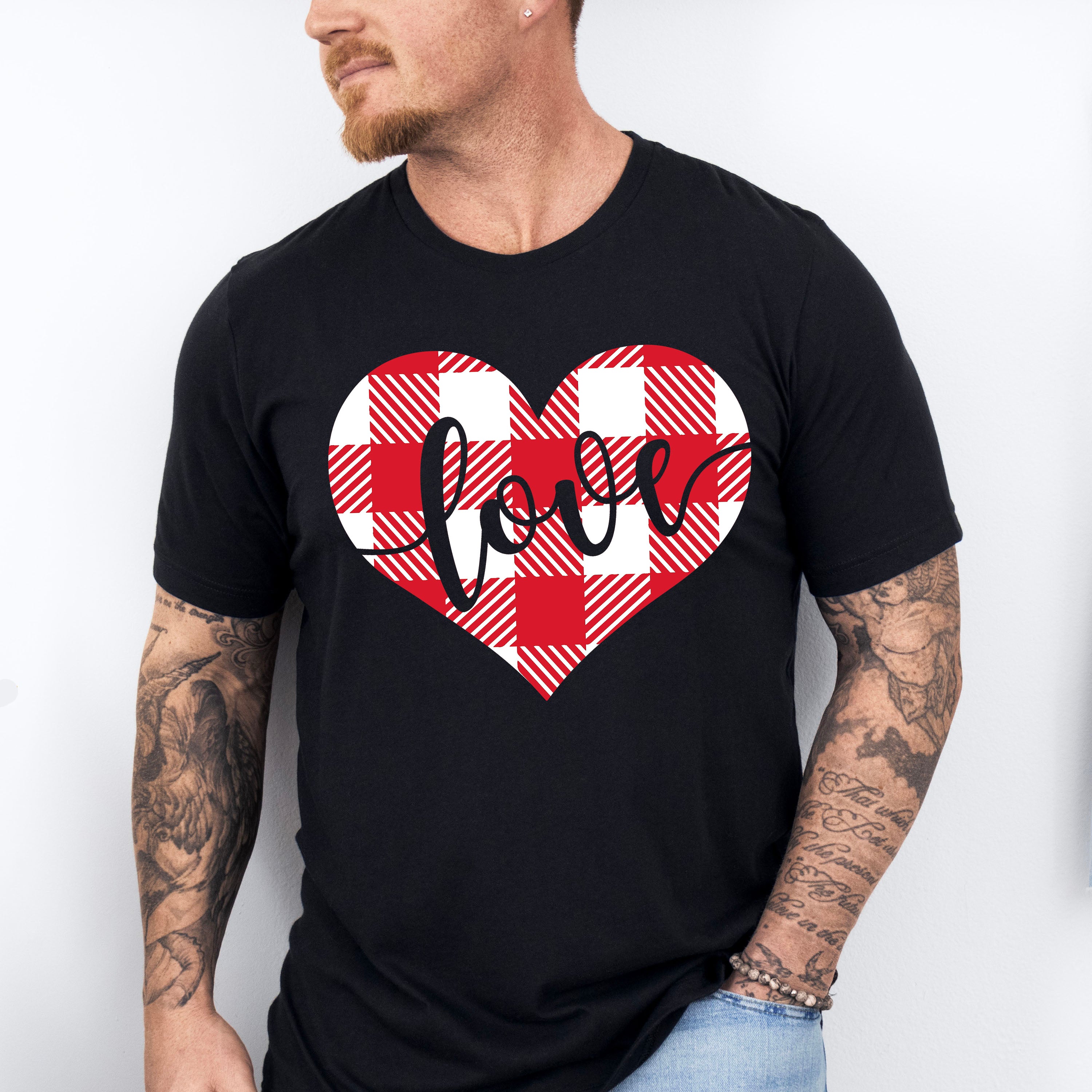 Plaid Heart Love Cursive Design - Valentine's Day Unisex Crewneck T-Shirt Sweatshirt Hoodie