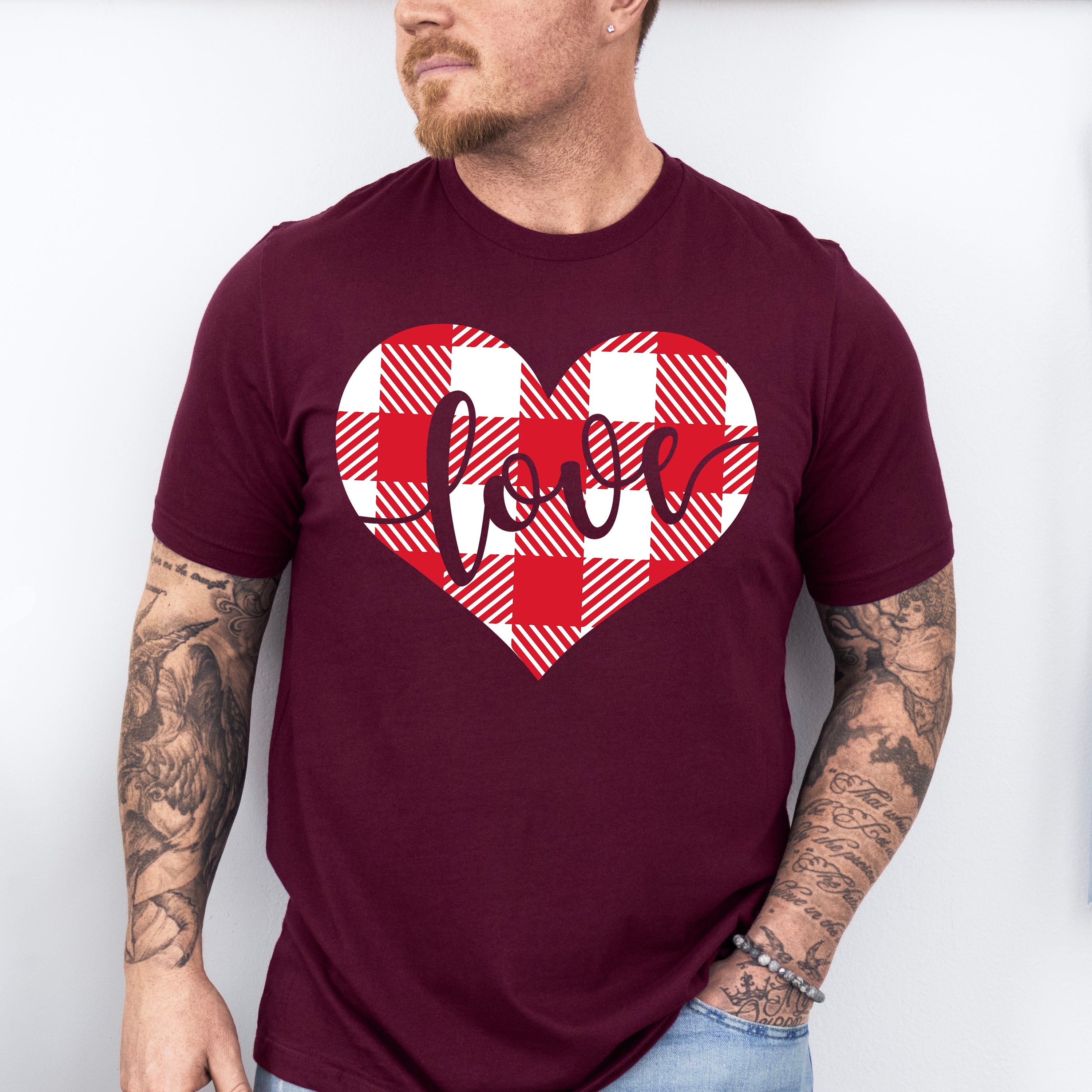 Plaid Heart Love Cursive Design - Valentine's Day Unisex Crewneck T-Shirt Sweatshirt Hoodie