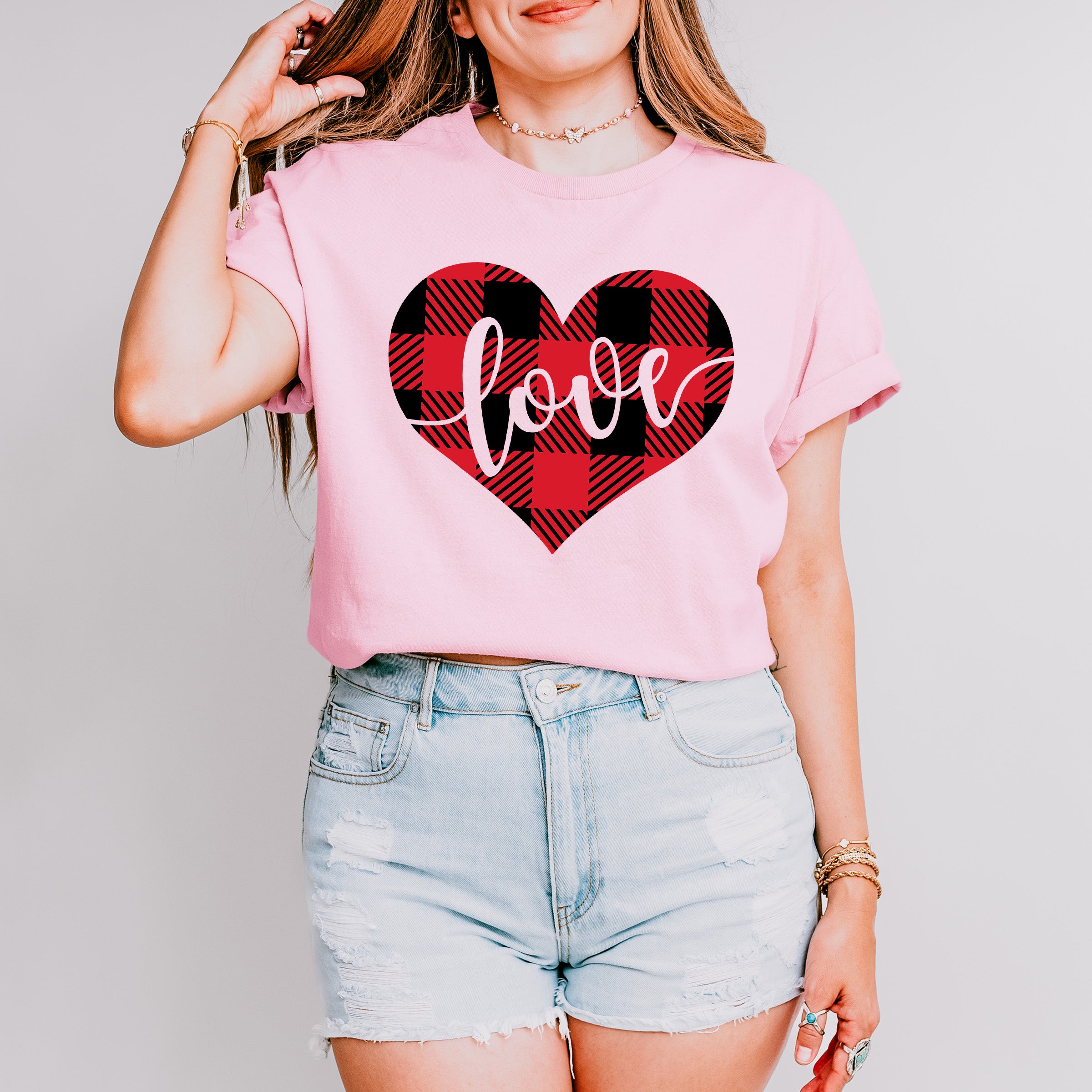 Plaid Heart Love Cursive Design - Valentine's Day Unisex Crewneck T-Shirt Sweatshirt Hoodie