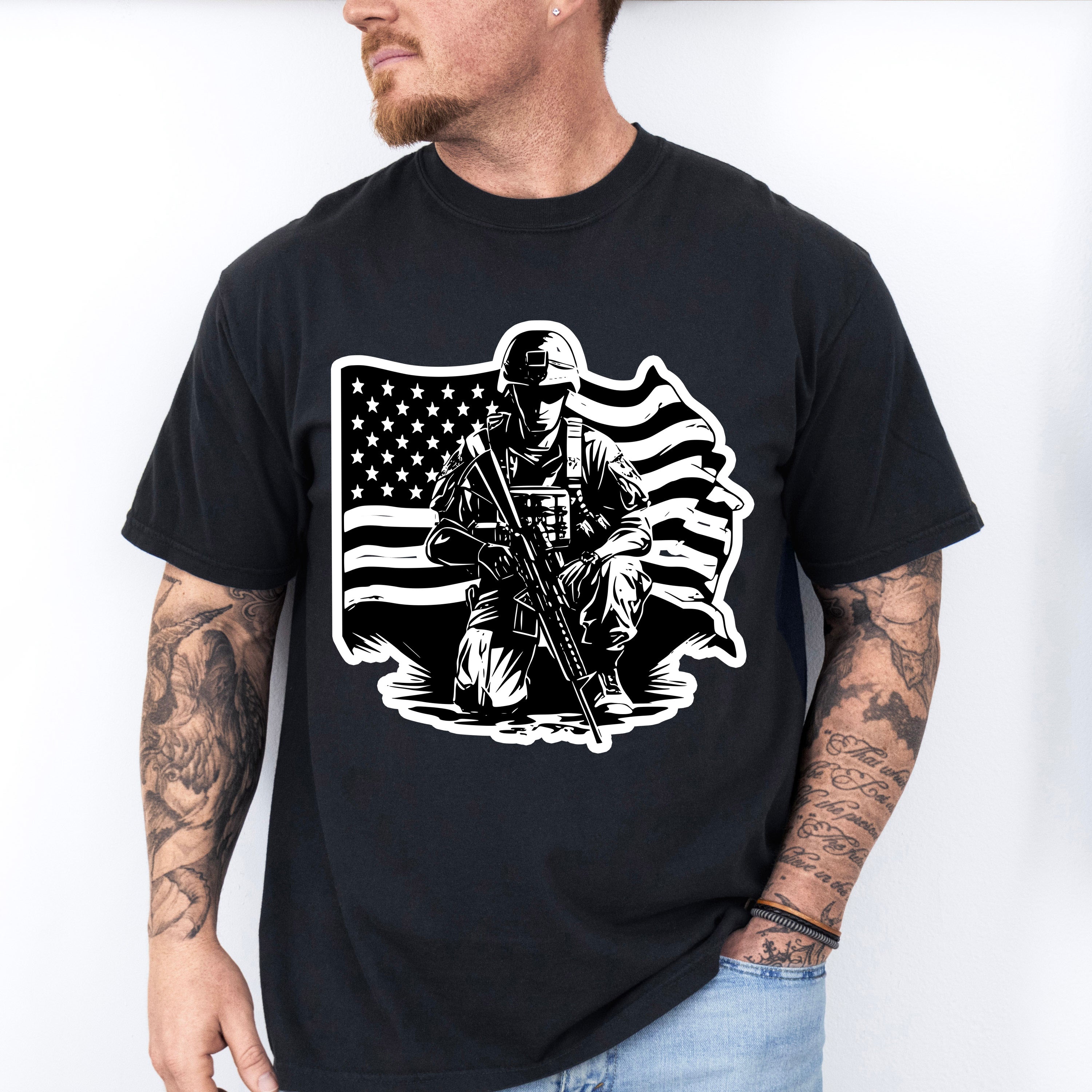 Soldier With Flag Dark Design - Military Unisex Crewneck T-Shirt Sweatshirt Hoodie