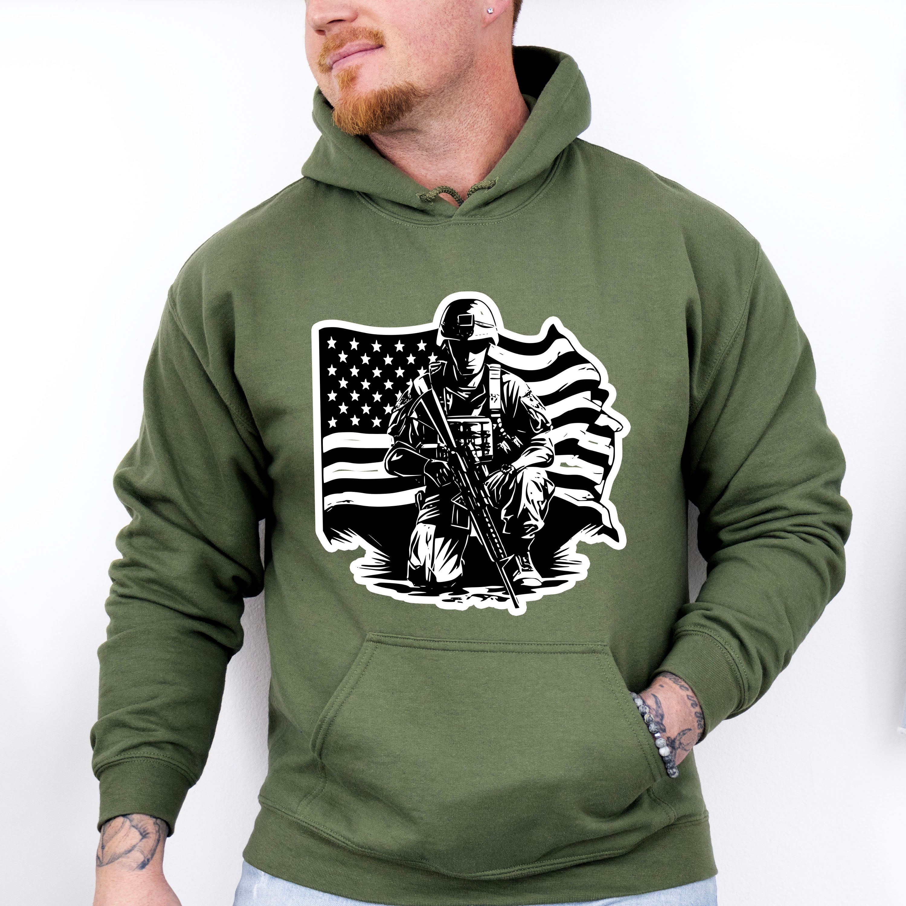 Soldier With Flag Dark Design - Military Unisex Crewneck T-Shirt Sweatshirt Hoodie