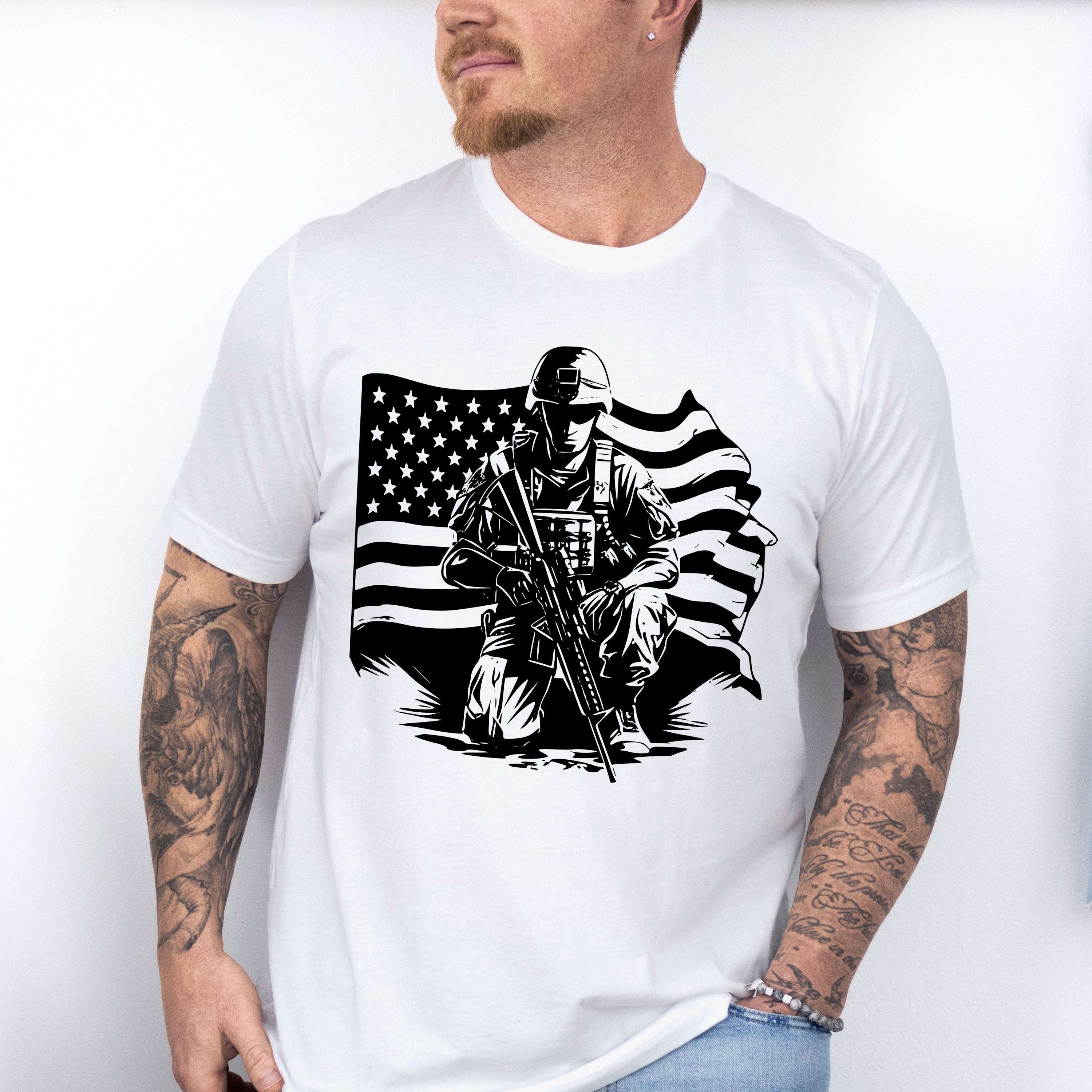Soldier With Flag Dark Design - Military Unisex Crewneck T-Shirt Sweatshirt Hoodie