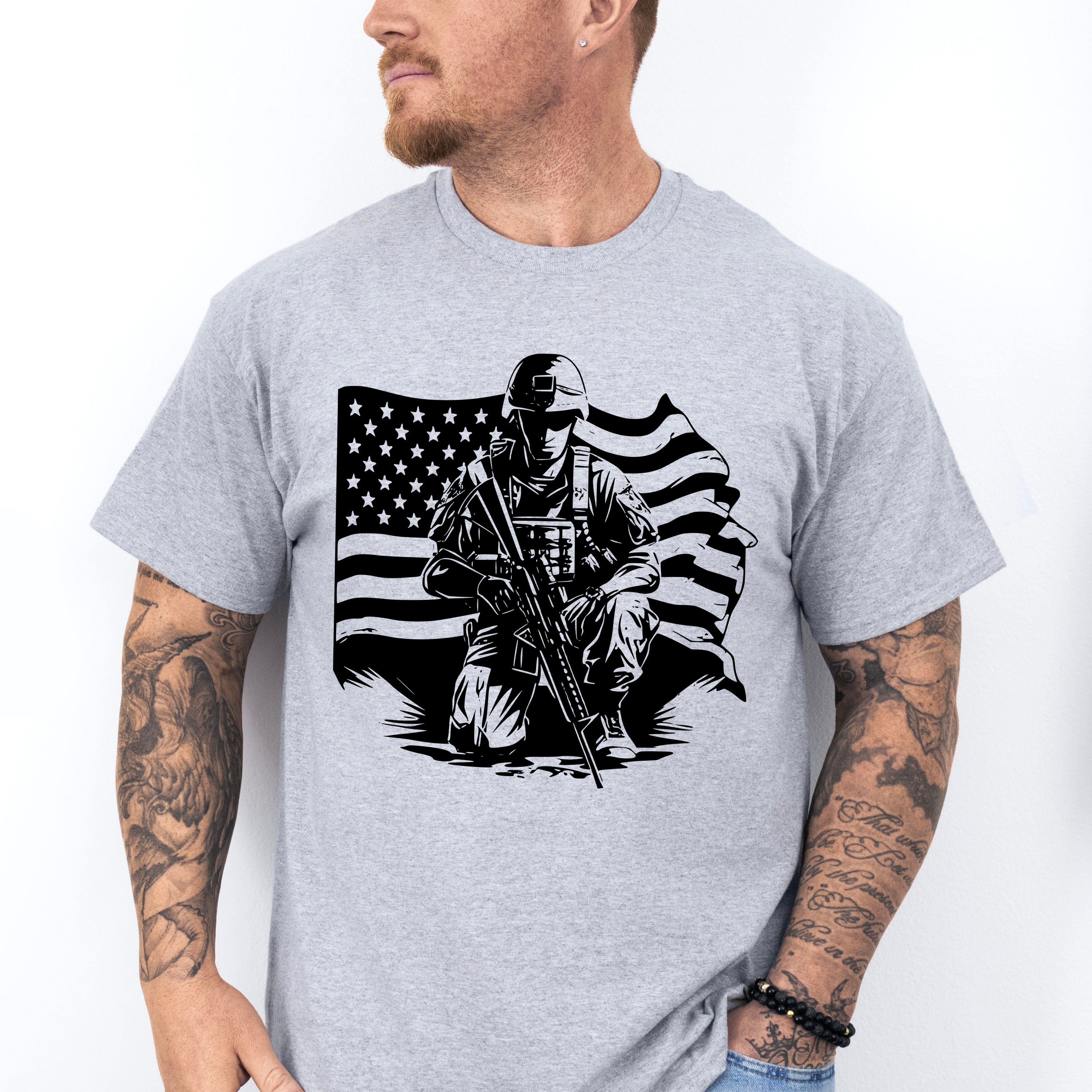 Soldier With Flag Dark Design - Military Unisex Crewneck T-Shirt Sweatshirt Hoodie