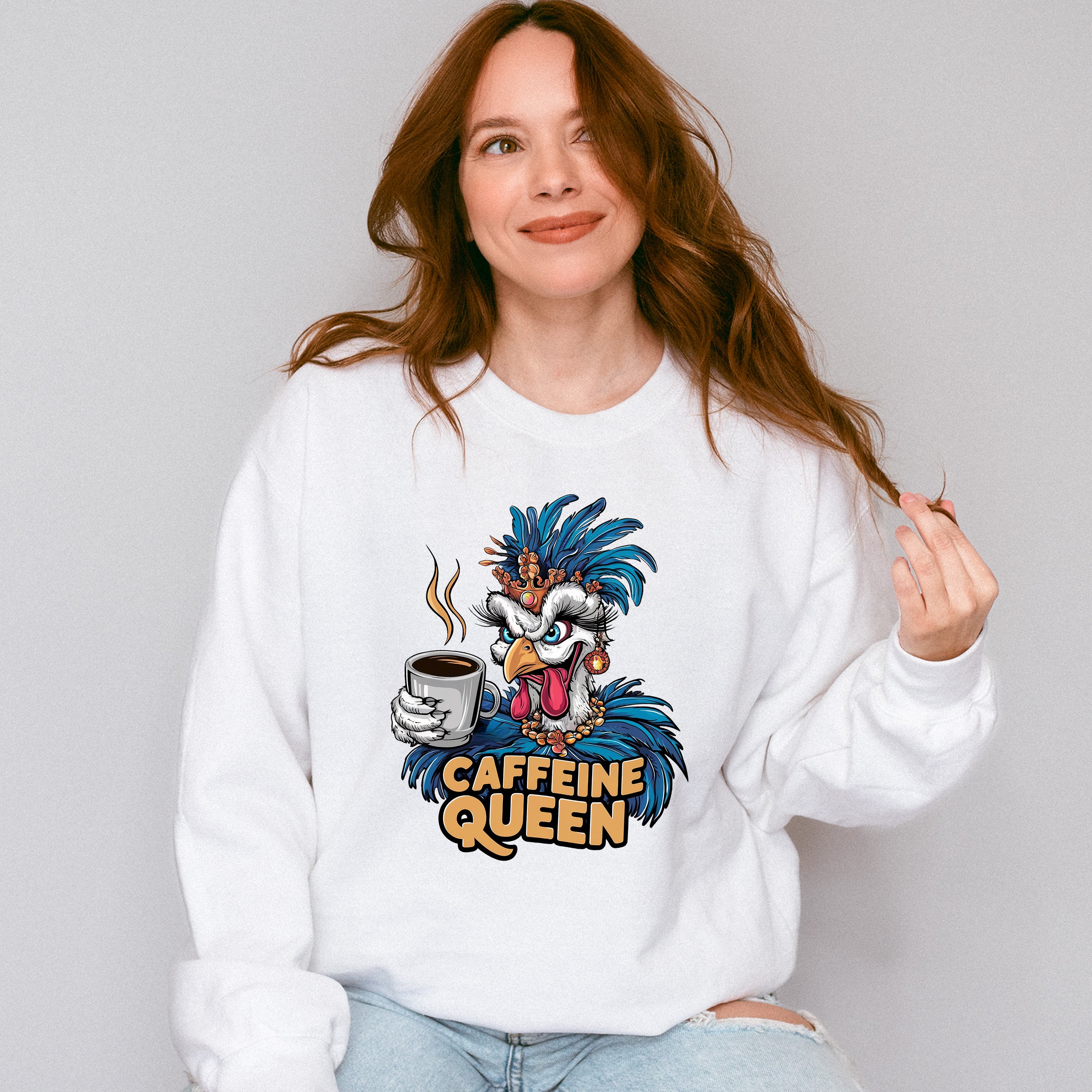 Caffeine Queen Bird Design - Coffee Unisex Crewneck T-Shirt Sweatshirt Hoodie