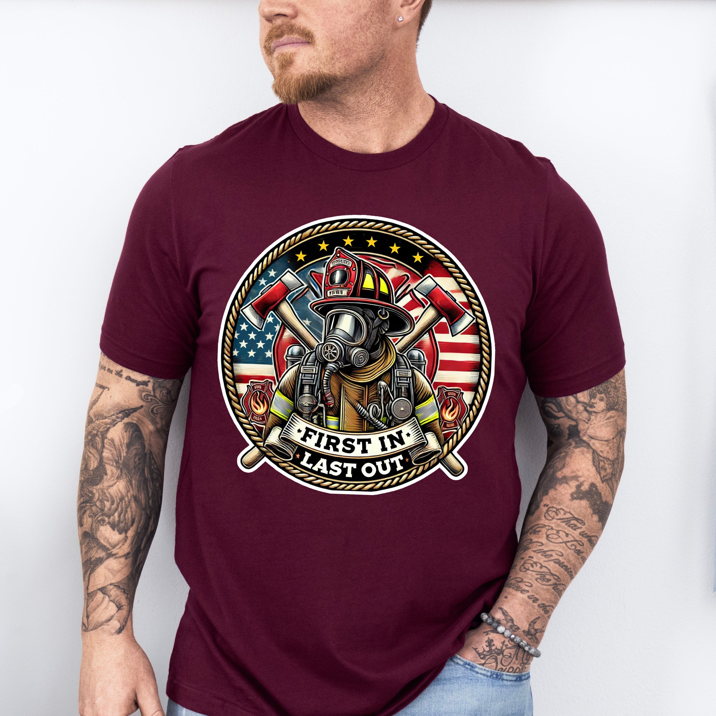 First In Last Out Circular Design - Firefighter Unisex Crewneck T-Shirt Sweatshirt Hoodie