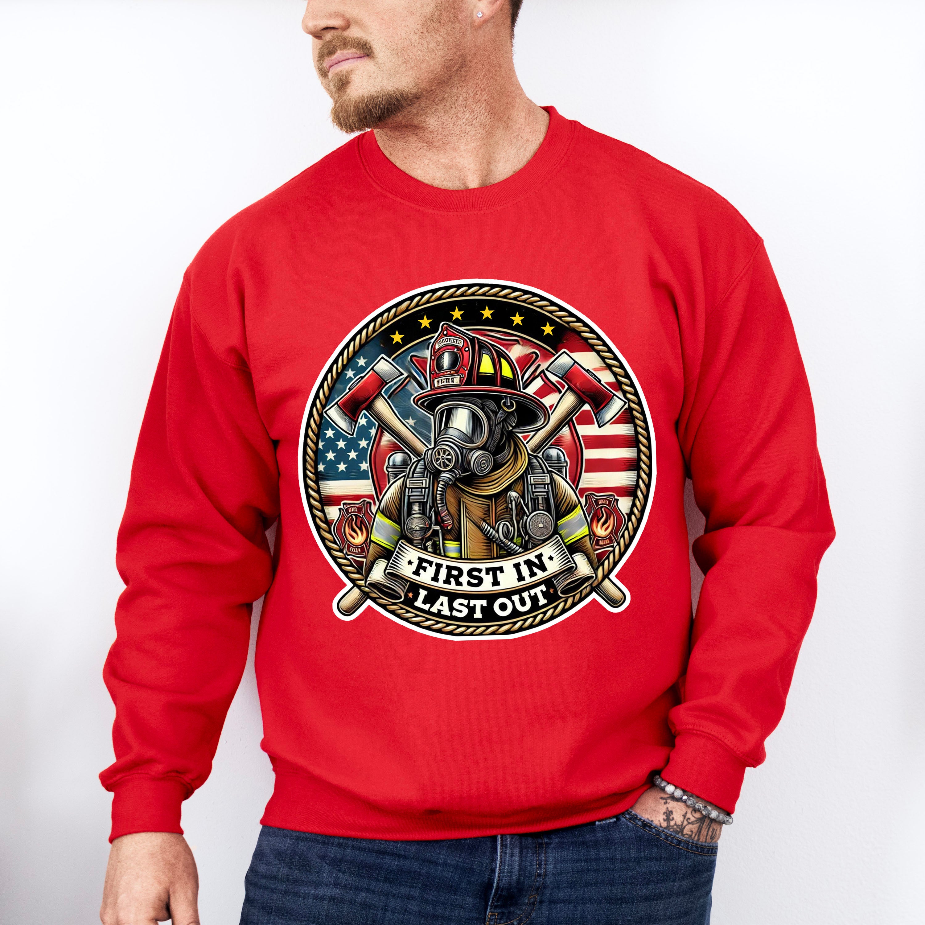 First In Last Out Circular Design - Firefighter Unisex Crewneck T-Shirt Sweatshirt Hoodie