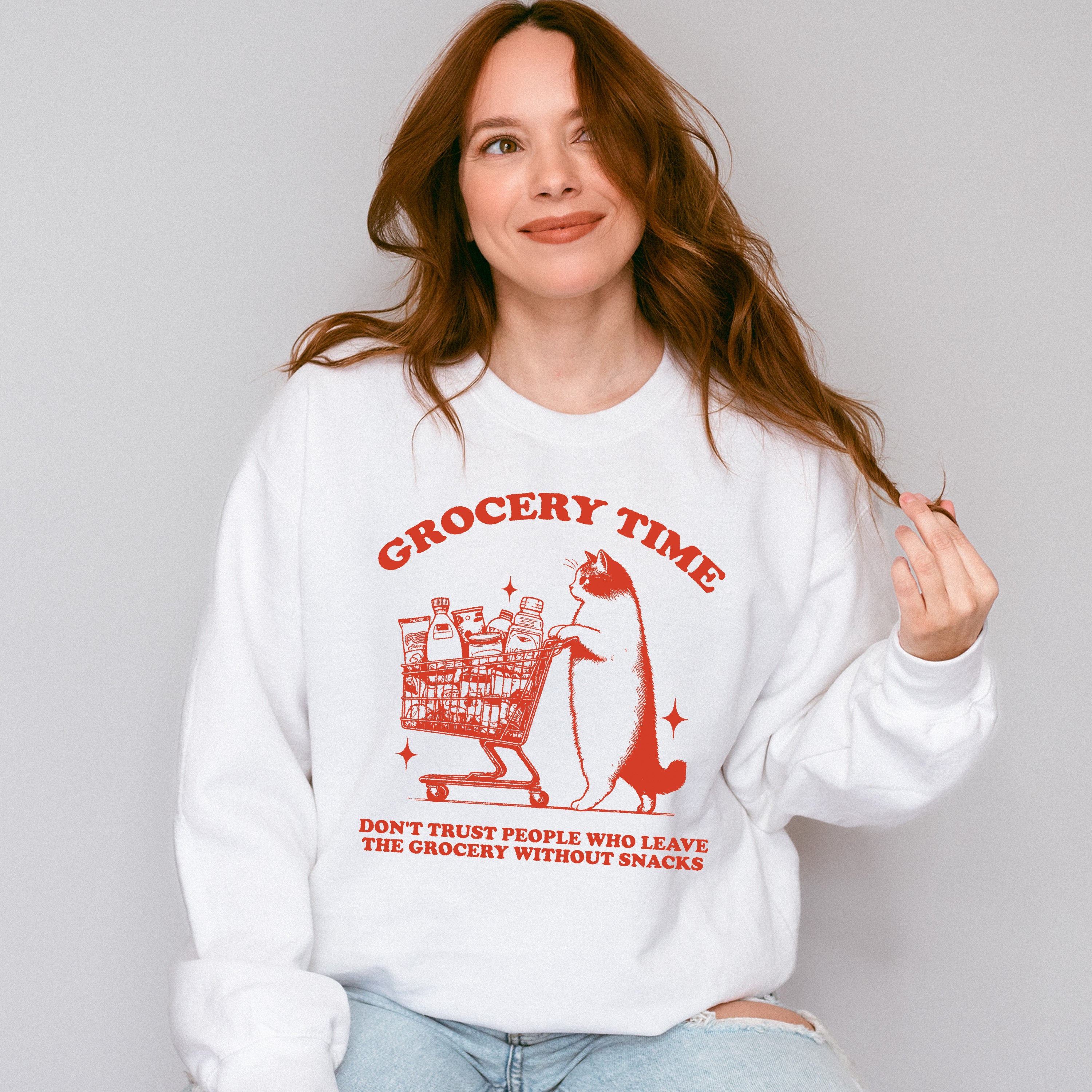 Grocery Time Cat Design - Funny Unisex Crewneck T-Shirt Sweatshirt Hoodie