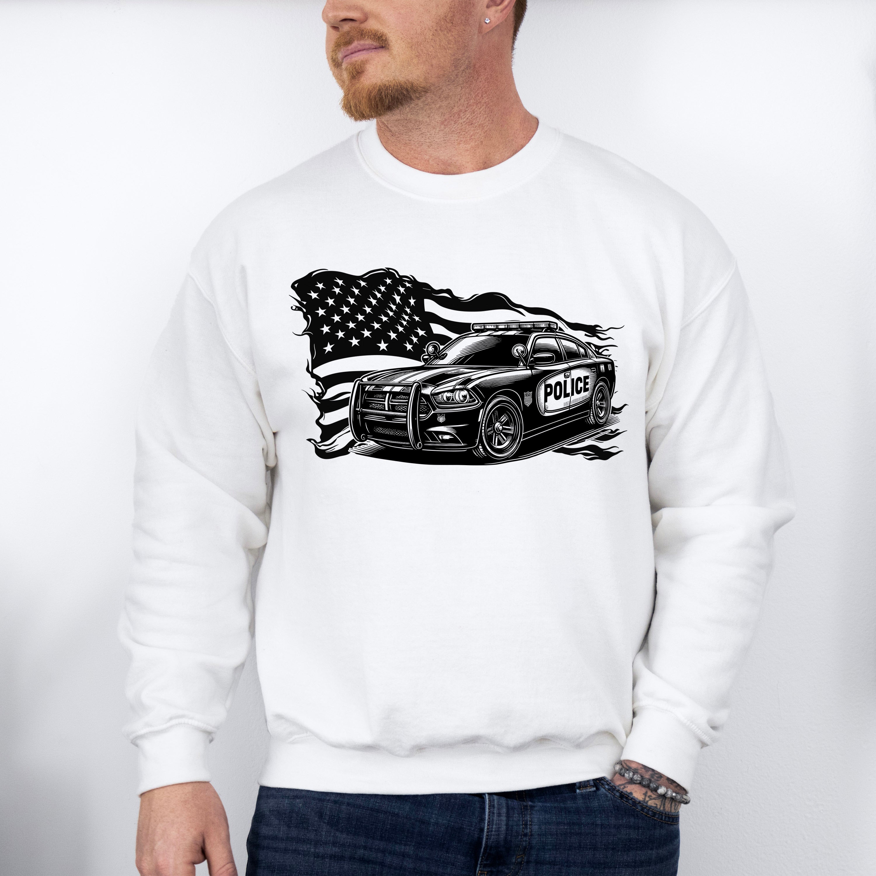 USA Flag Police Car - Police Unisex Crewneck T-Shirt Sweatshirt Hoodie