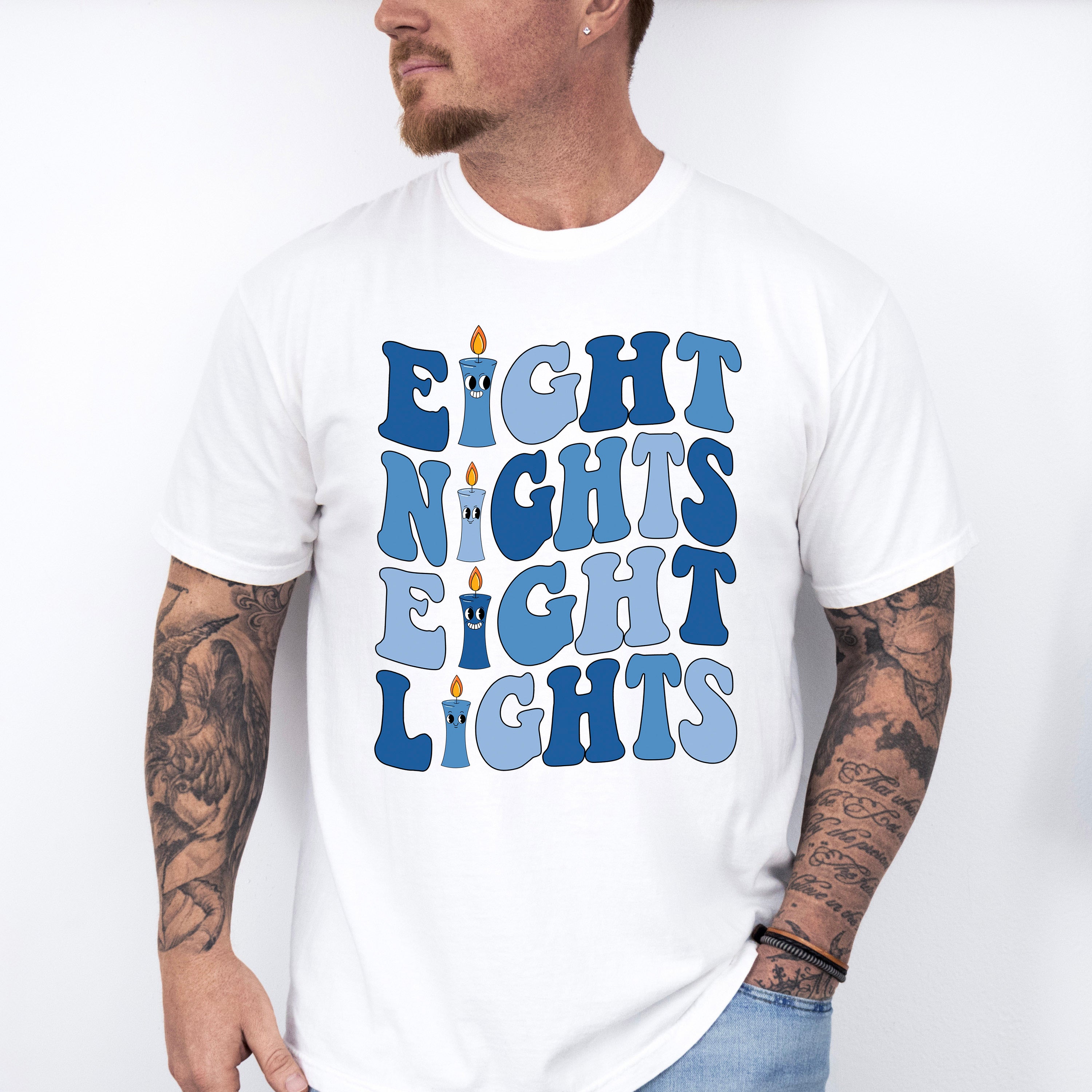 Eight Nights Blue Candle Design - Hanukkah Unisex Crewneck T-Shirt Sweatshirt Hoodie