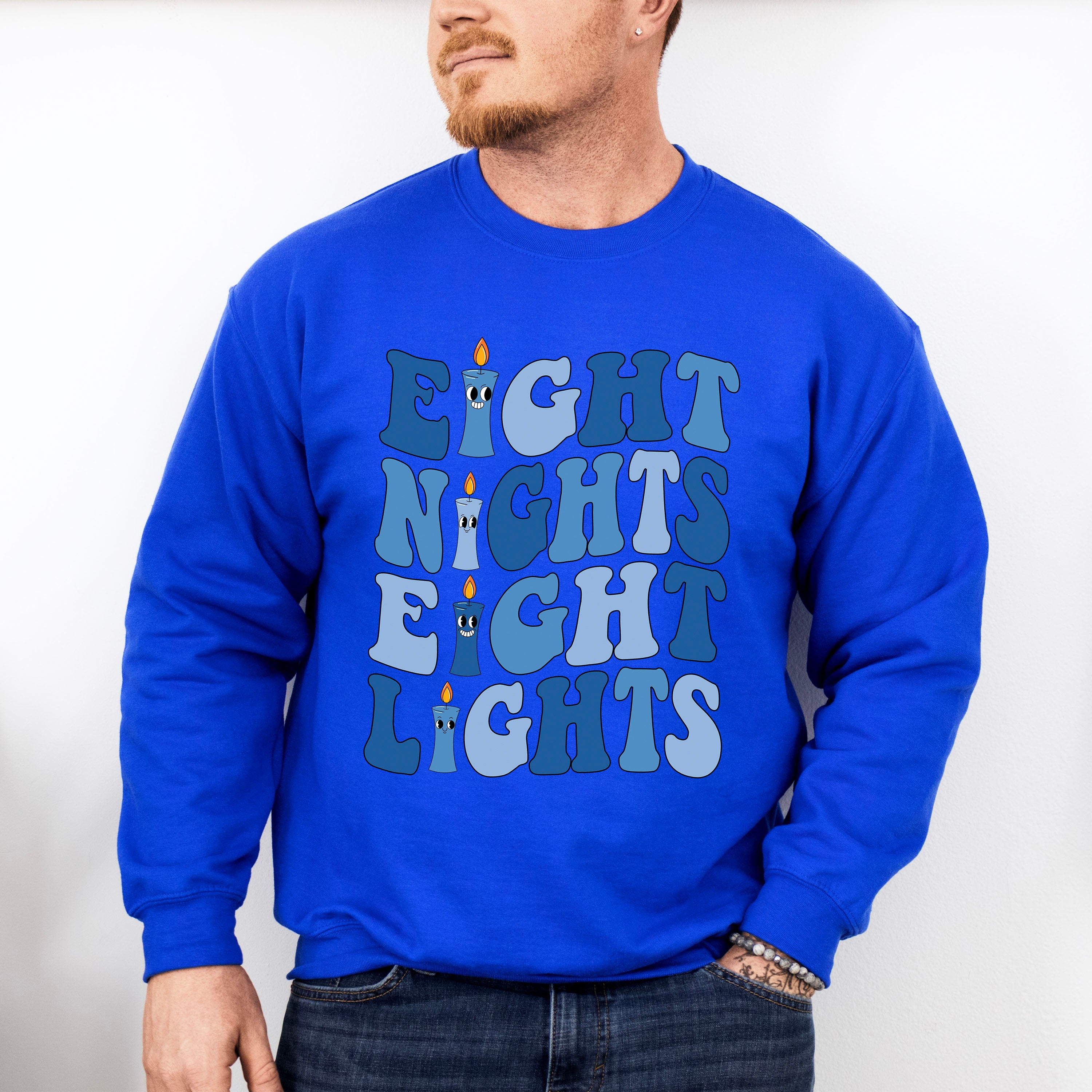Eight Nights Blue Candle Design - Hanukkah Unisex Crewneck T-Shirt Sweatshirt Hoodie