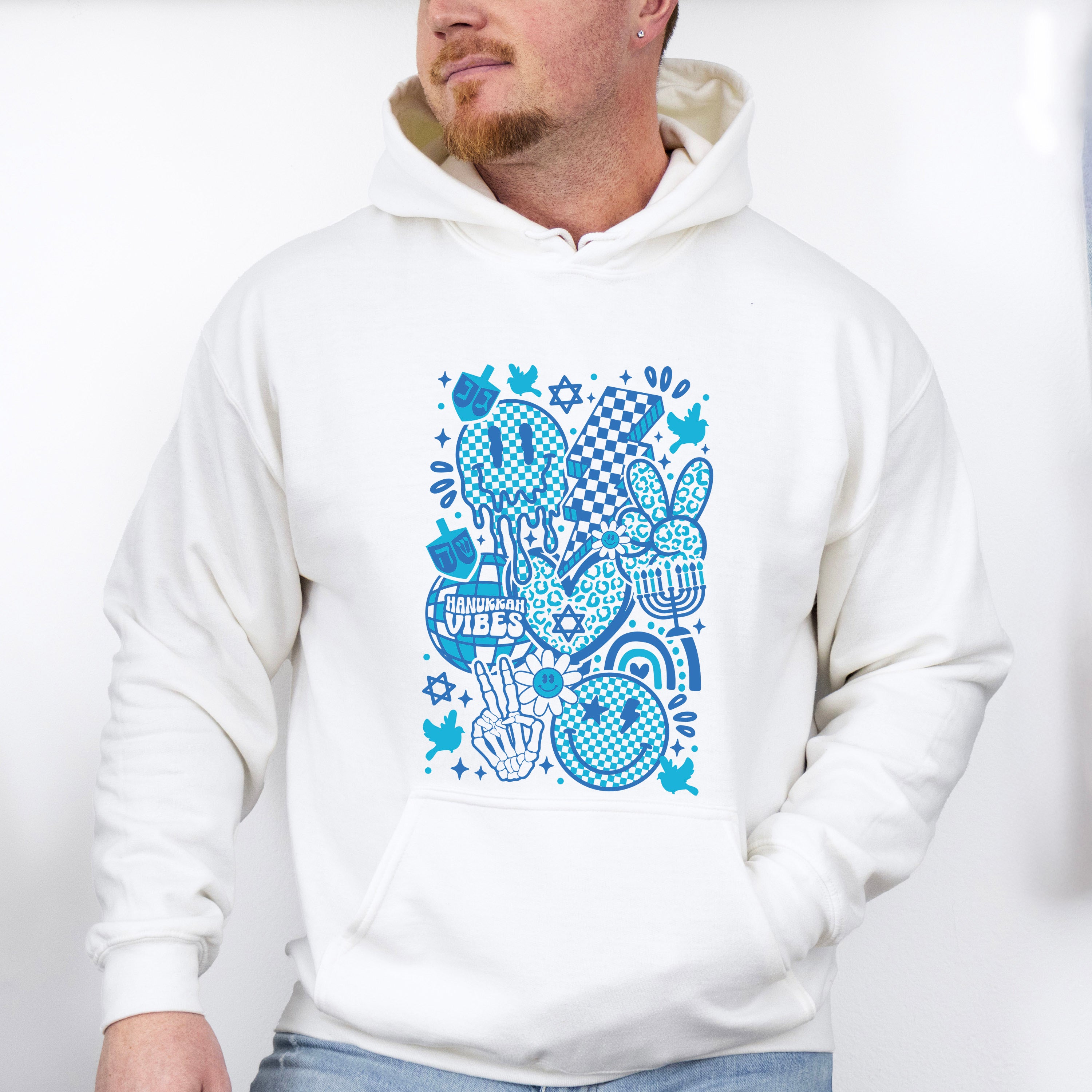 Hanukkah Vibes Smiley Blue Design - Hanukkah Unisex Crewneck T-Shirt Sweatshirt Hoodie