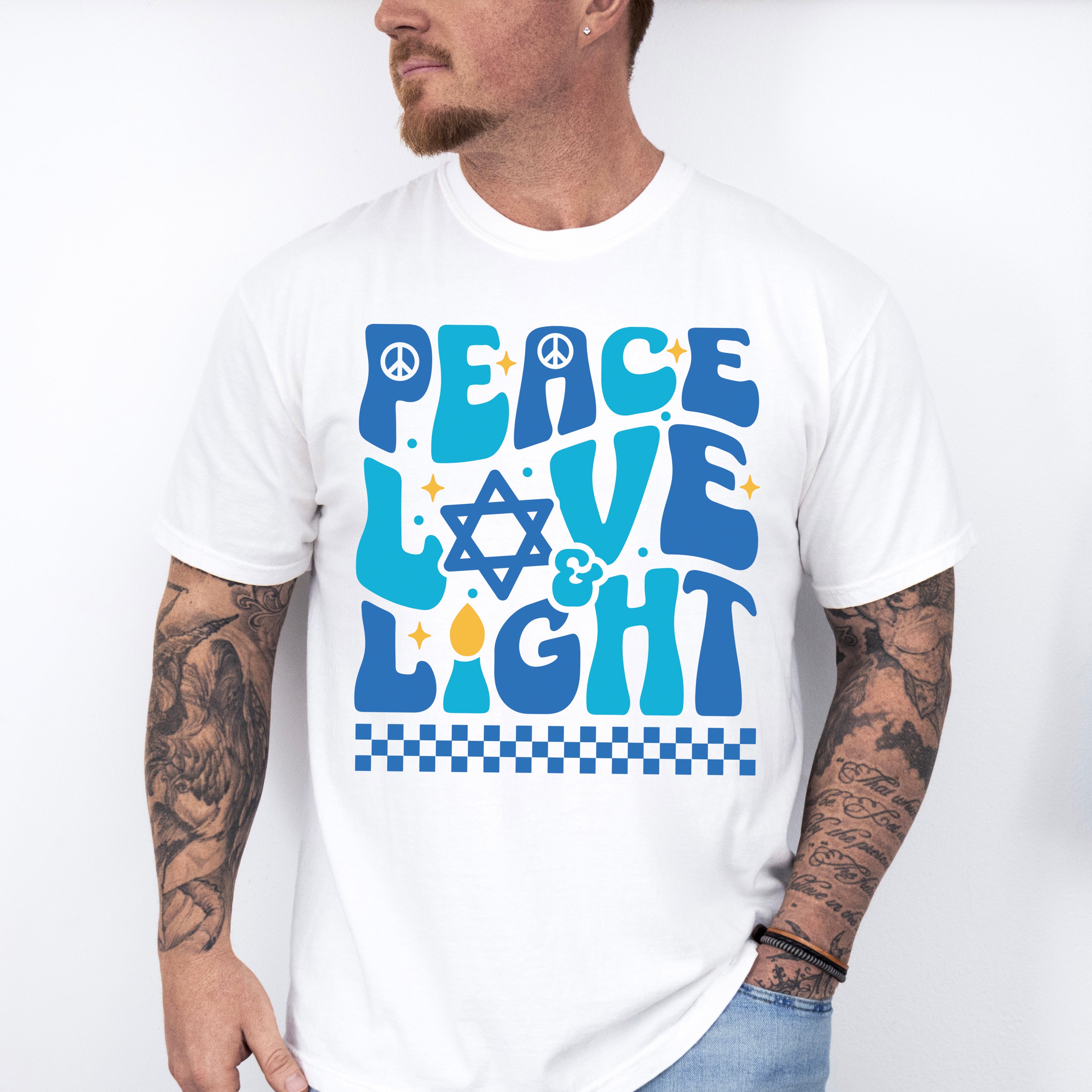 Peace Love Light Checkered Design - Hanukkah Unisex Crewneck T-Shirt Sweatshirt Hoodie