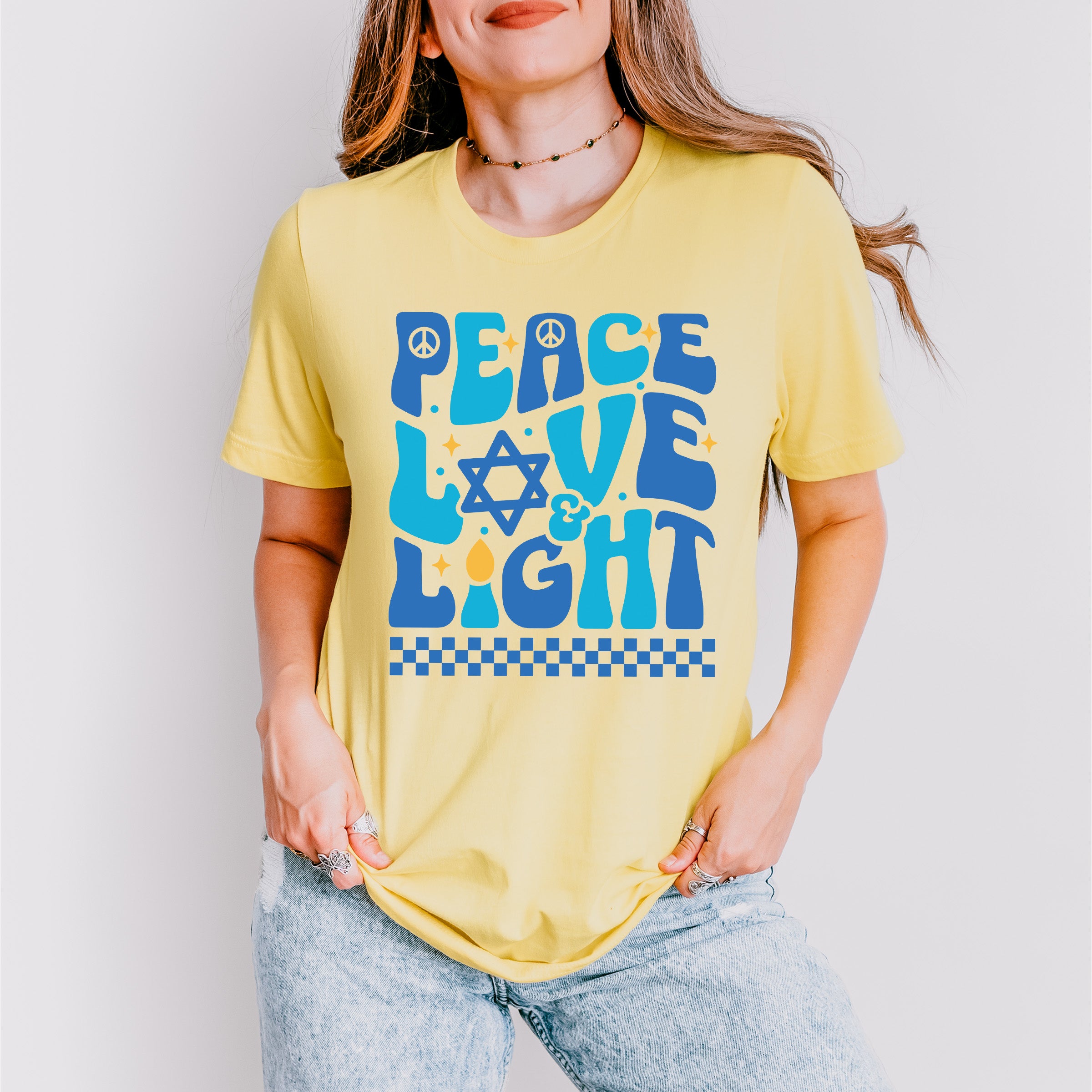 Peace Love Light Checkered Design - Hanukkah Unisex Crewneck T-Shirt Sweatshirt Hoodie