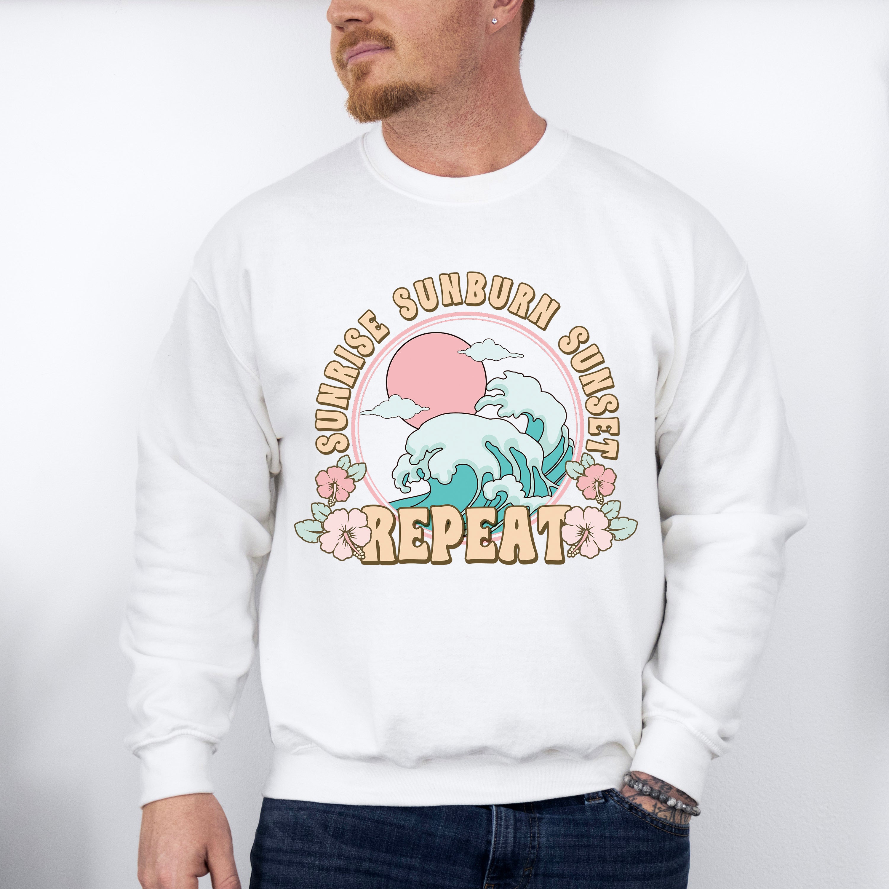 Sunrise Sunburn Sunset Repeat Design - Summer Theme Unisex Crewneck T-Shirt Sweatshirt Hoodie