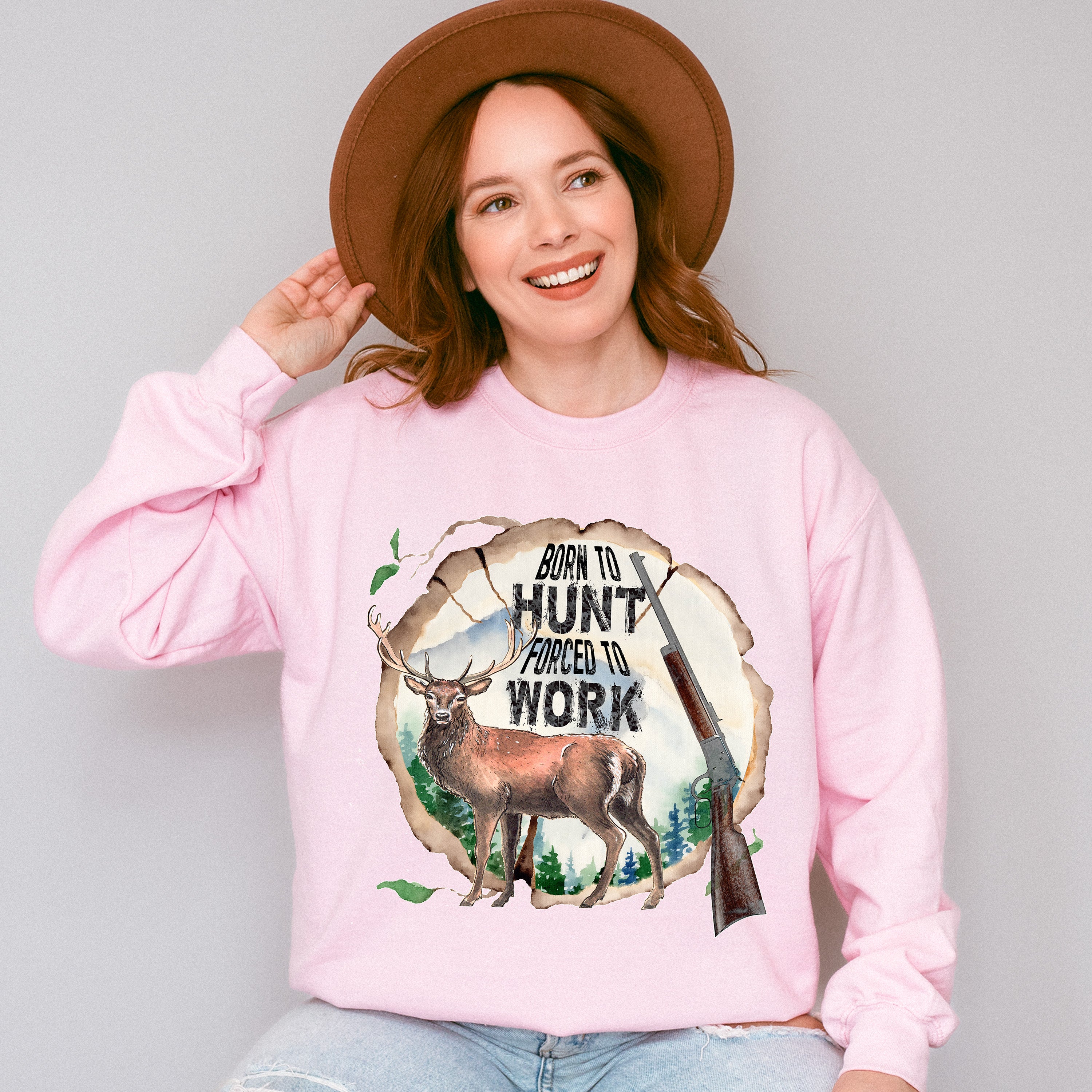 Born To Hunt Forced To Work Design - Hunting Theme Unisex Crewneck T-Shirt Sweatshirt Hoodie