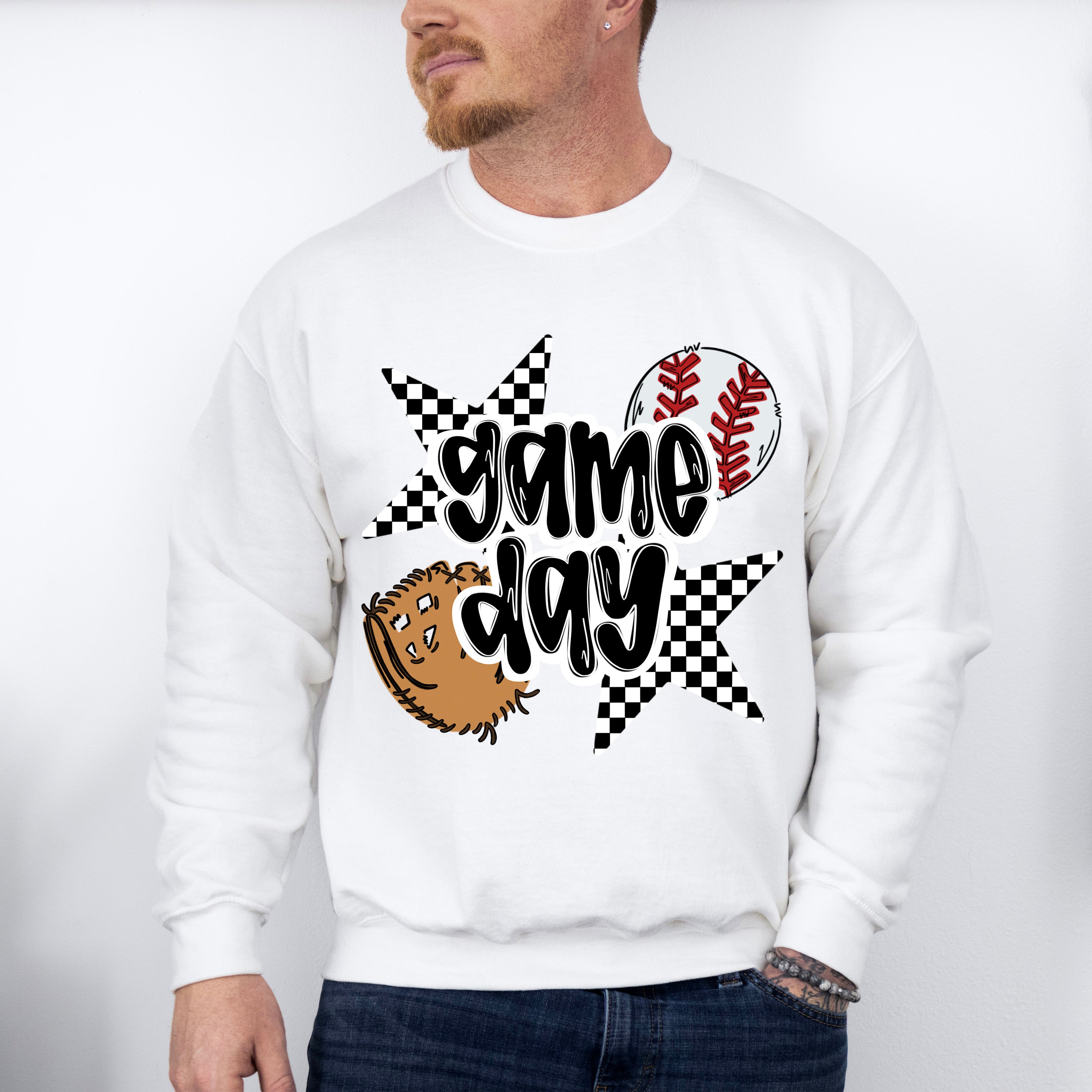 Game Day Checkered Stars Design - Baseball Unisex Crewneck T-Shirt Sweatshirt Hoodie