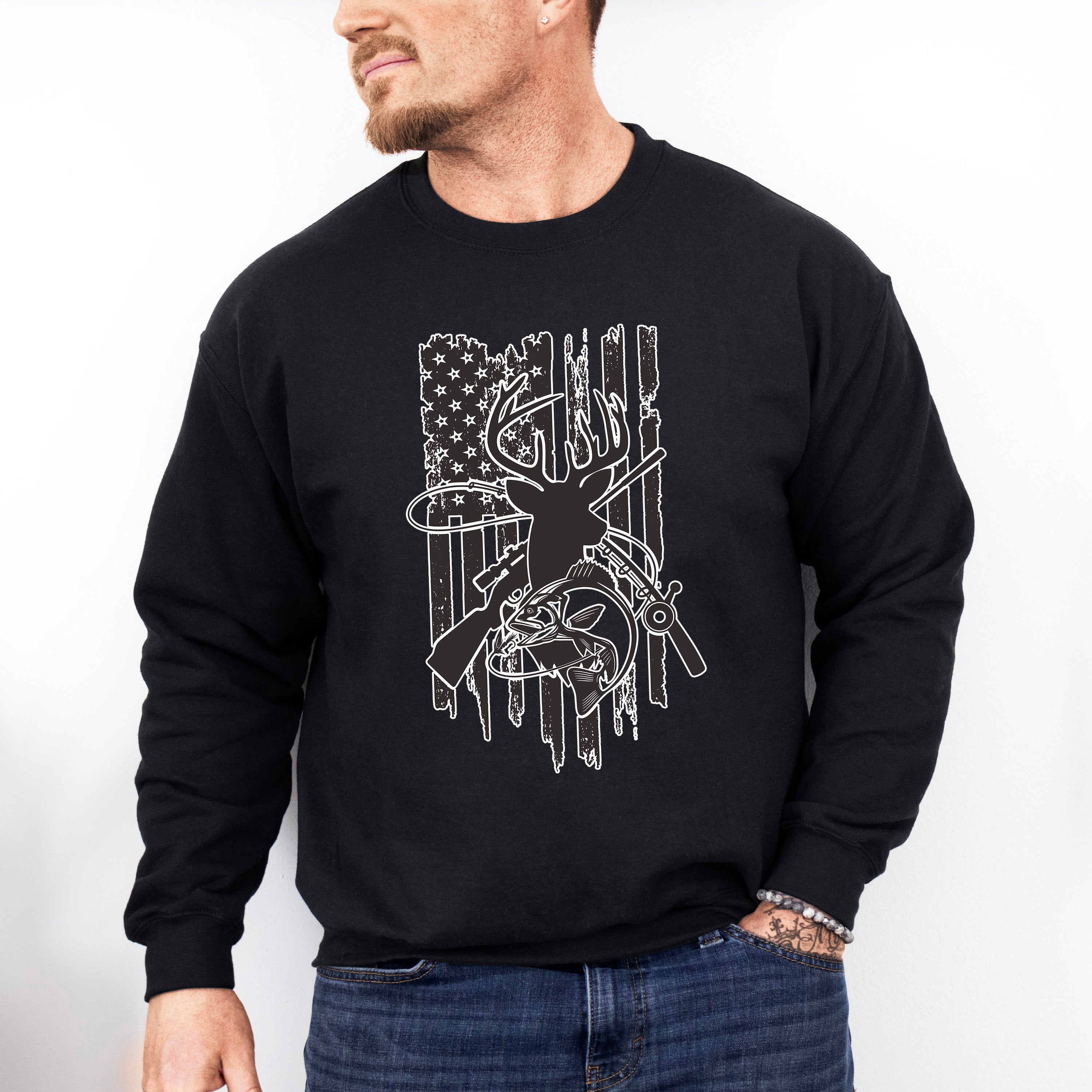American Flag Reindeer Design - Hunting Theme Unisex Crewneck T-Shirt Sweatshirt Hoodie