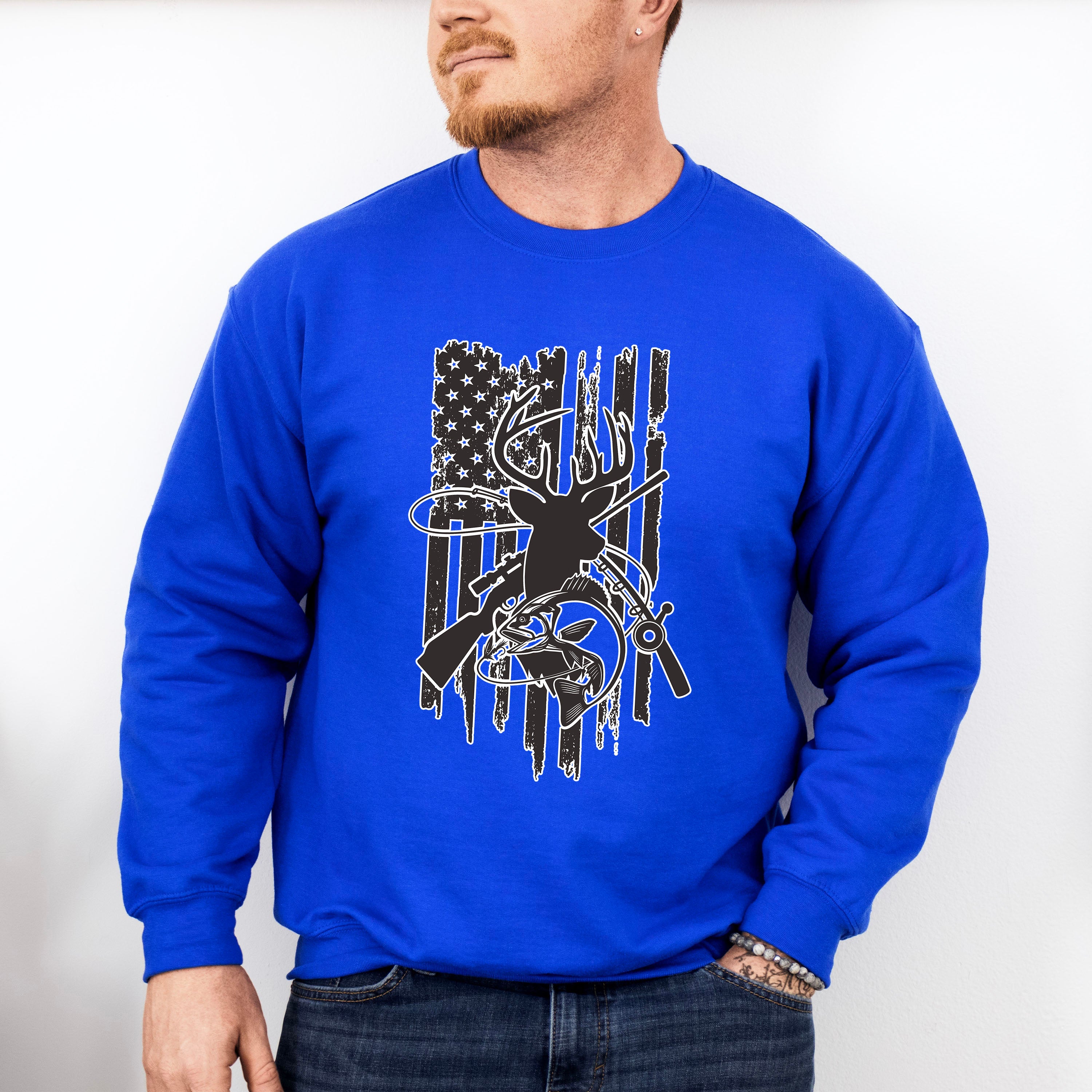 American Flag Reindeer Design - Hunting Theme Unisex Crewneck T-Shirt Sweatshirt Hoodie