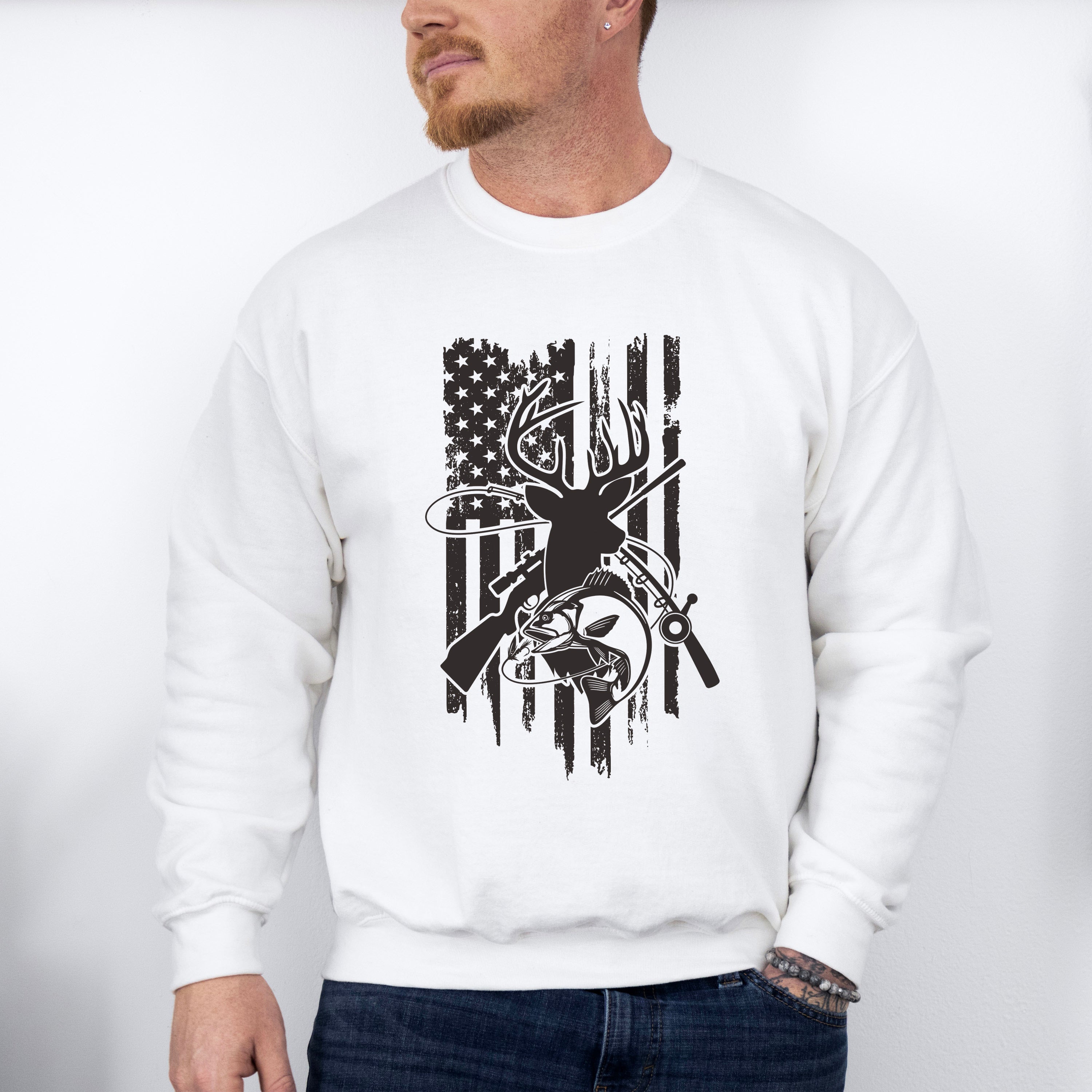 American Flag Reindeer Design - Hunting Theme Unisex Crewneck T-Shirt Sweatshirt Hoodie