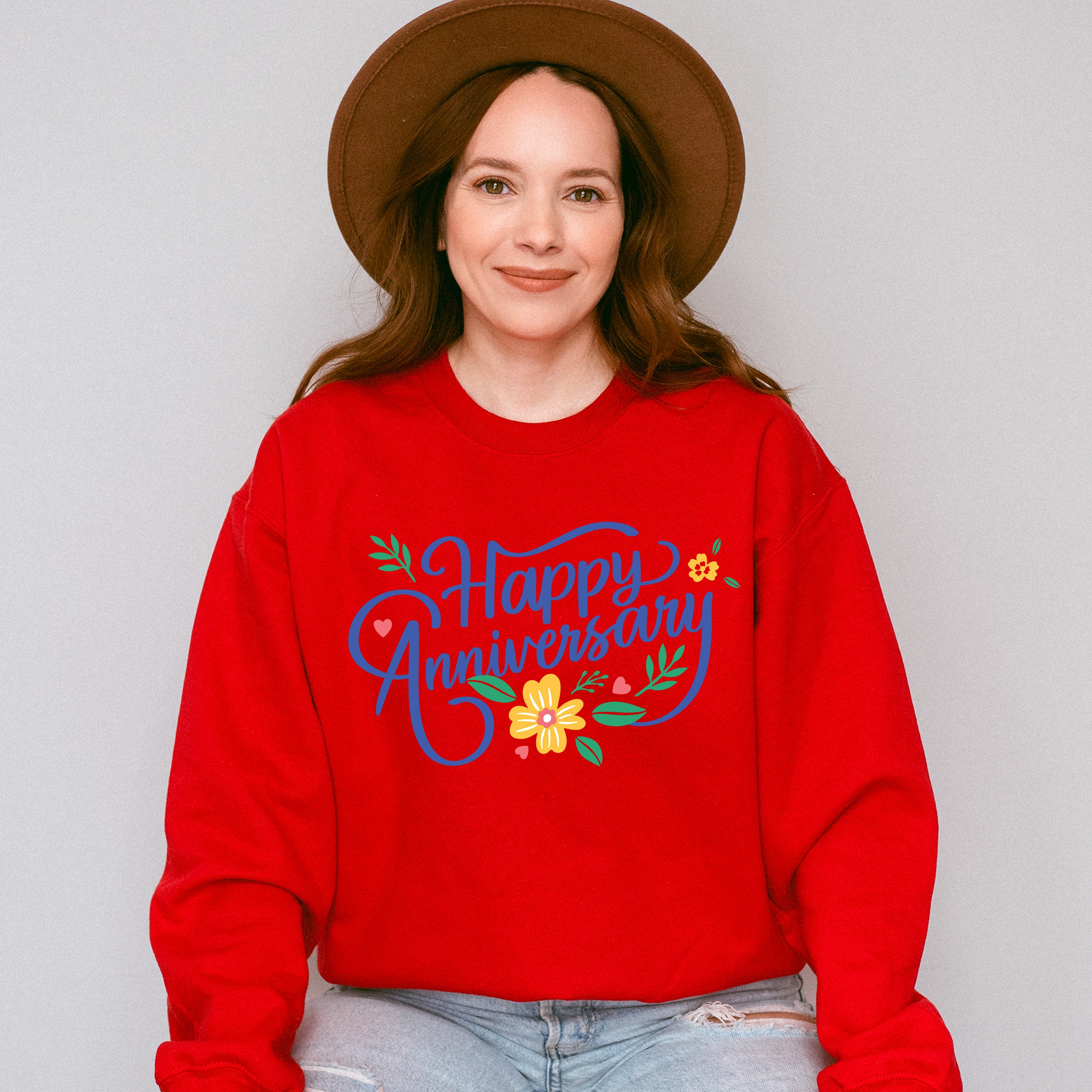 Happy Anniversary Flower Blue Design - Anniversary Unisex Crewneck T-Shirt Sweatshirt Hoodie
