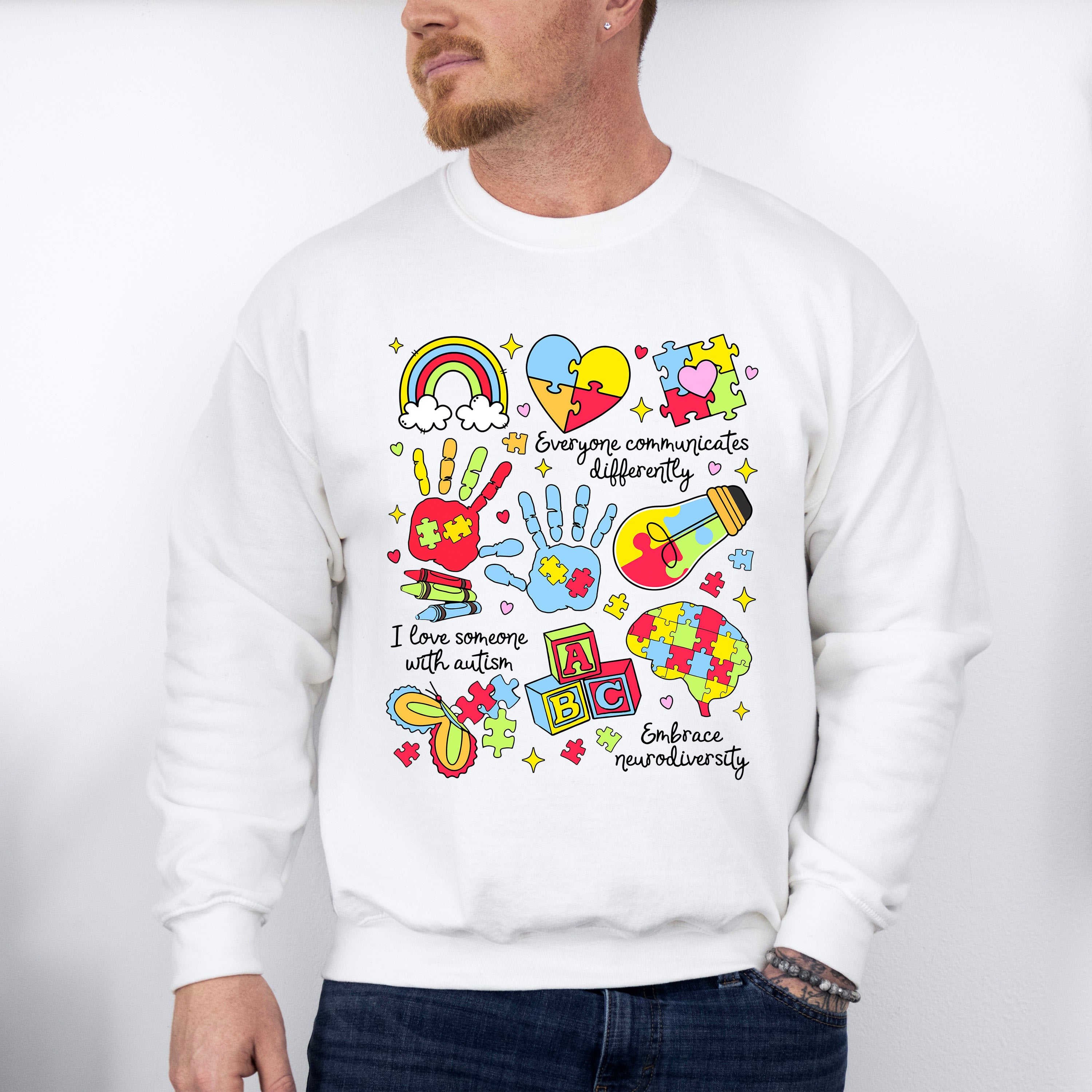 Everyone Communicates Differently Colorful Design - Autism Awareness Unisex Crewneck T-Shirt Sweatshirt Hoodie