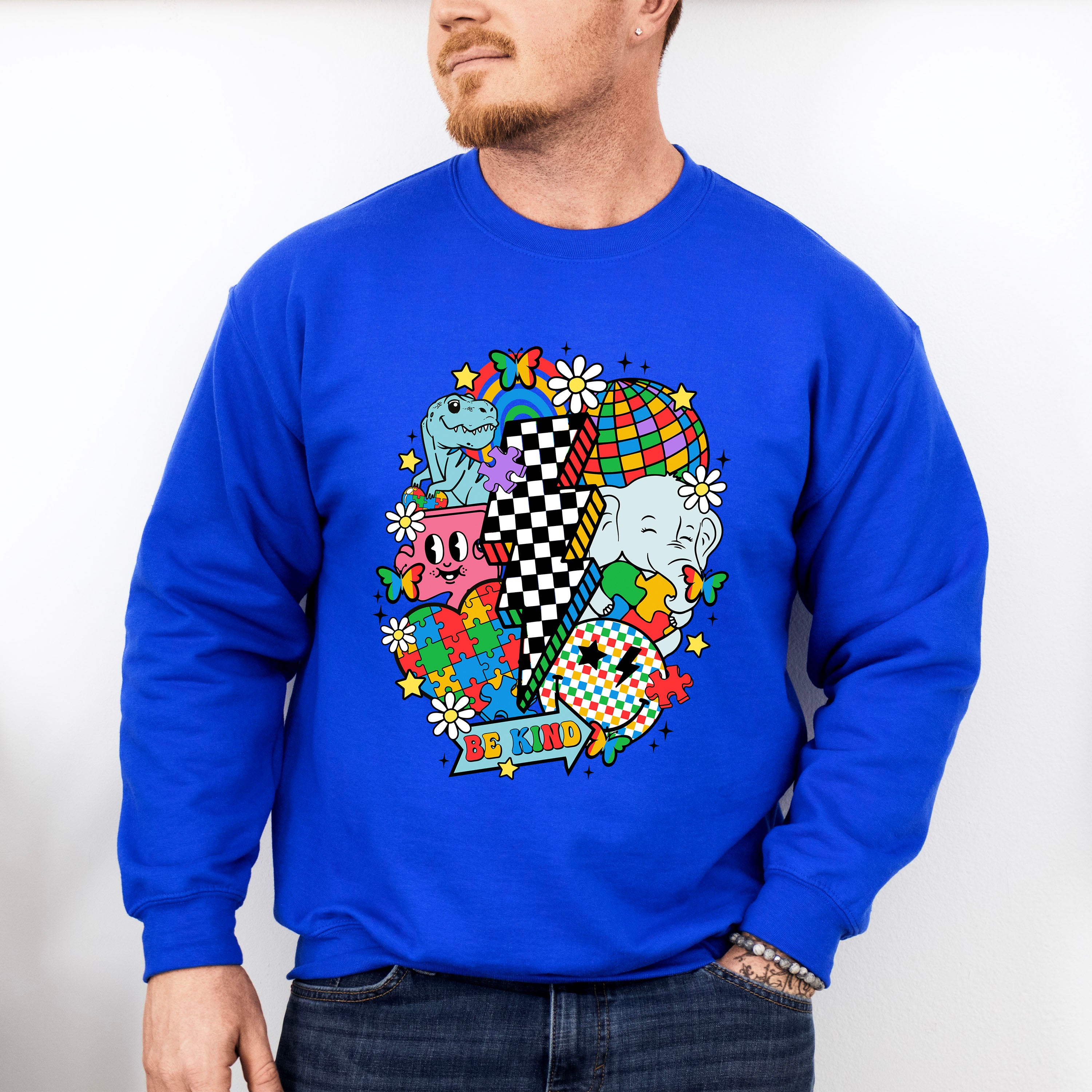 Be Kind Checkered Lightning Bolt Design - Autism Awareness Unisex Crewneck T-Shirt Sweatshirt Hoodie