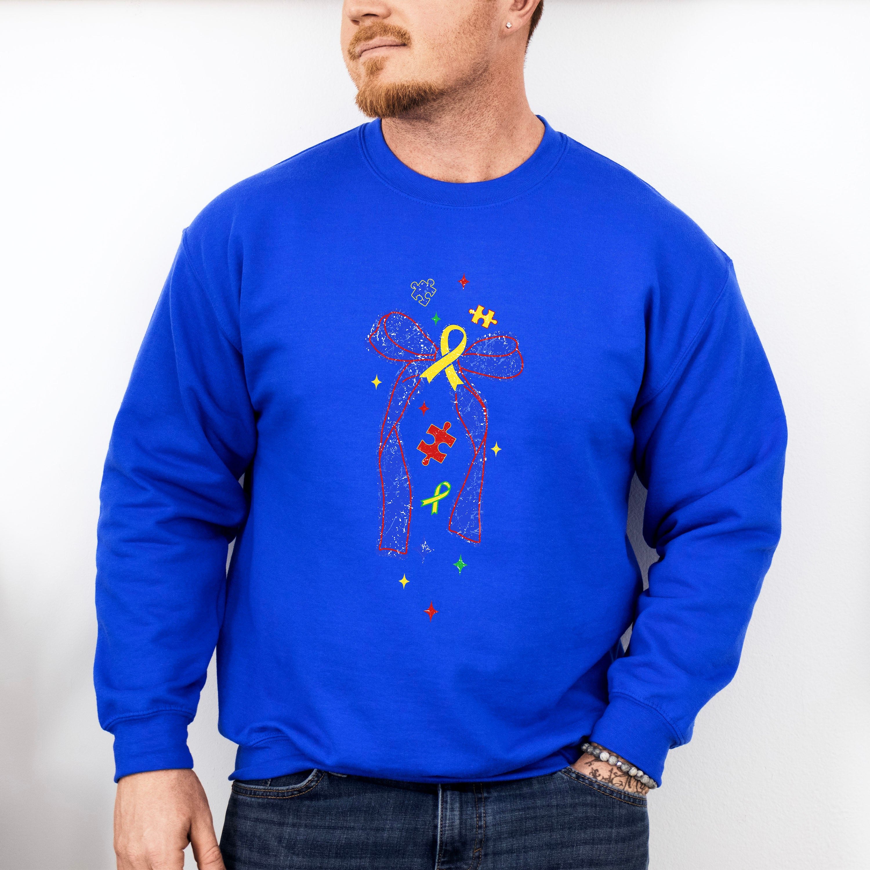 Blue Ribbon Jigsaw Design - Autism Awareness Unisex Crewneck T-Shirt Sweatshirt Hoodie